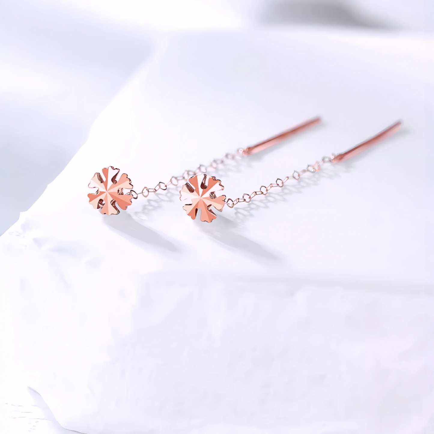 18K Gold Rose Gold Unique and Trendy Threader Snowflake Winter Style Earrings