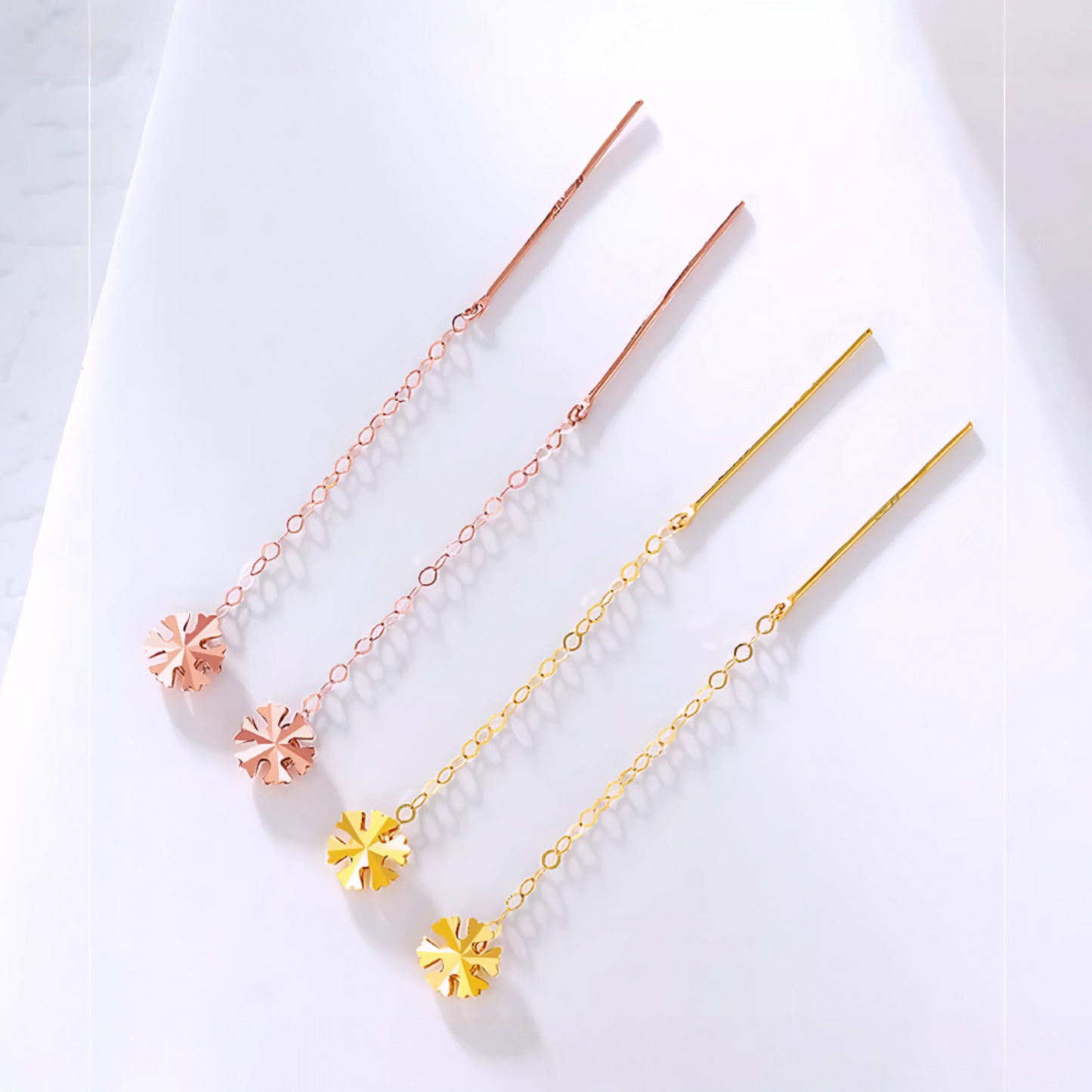 18K Gold Rose Gold Unique and Trendy Threader Snowflake Winter Style Earrings