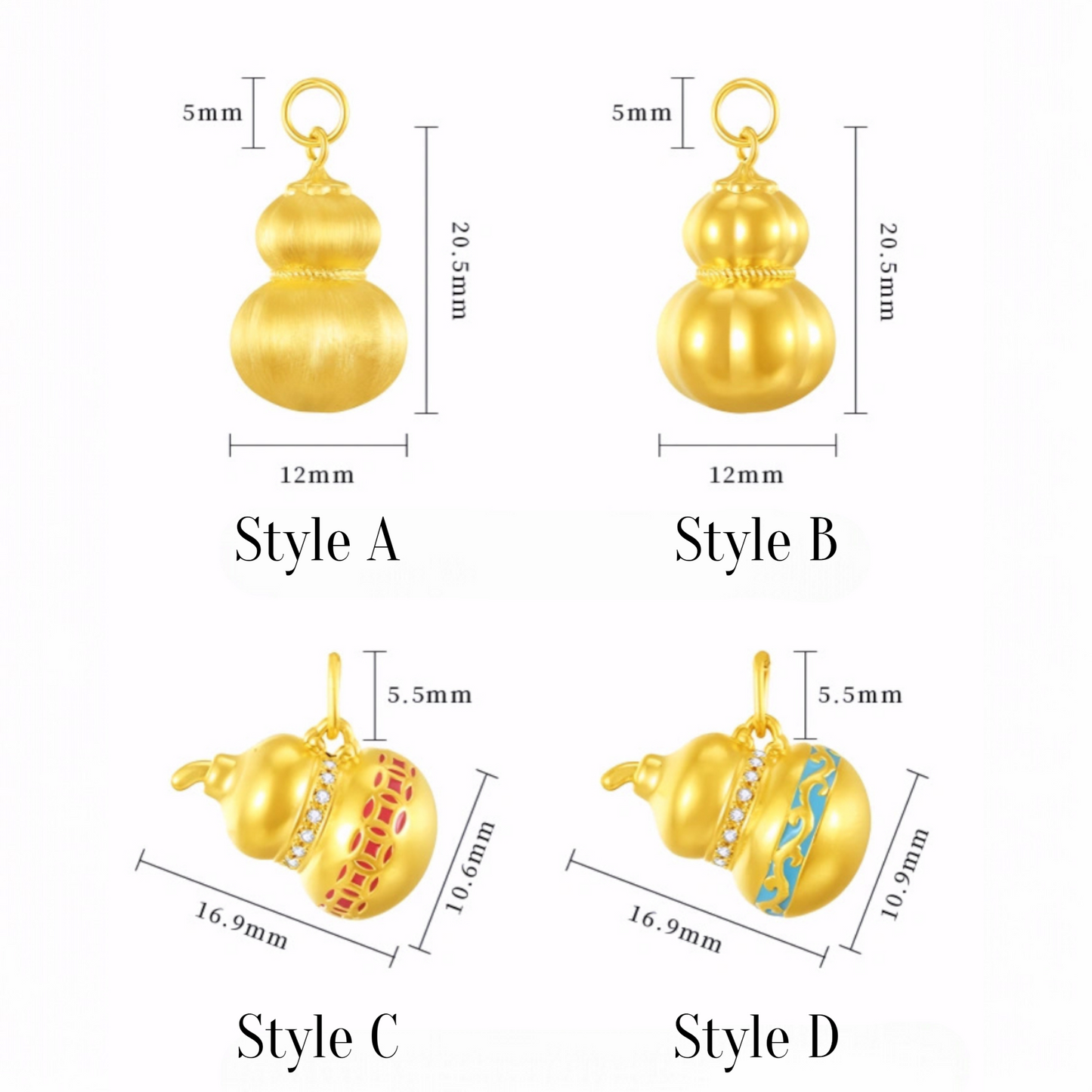 24K 999 Gold 5G Hard Gold Shining Trendy Gourd Enamel Pendant