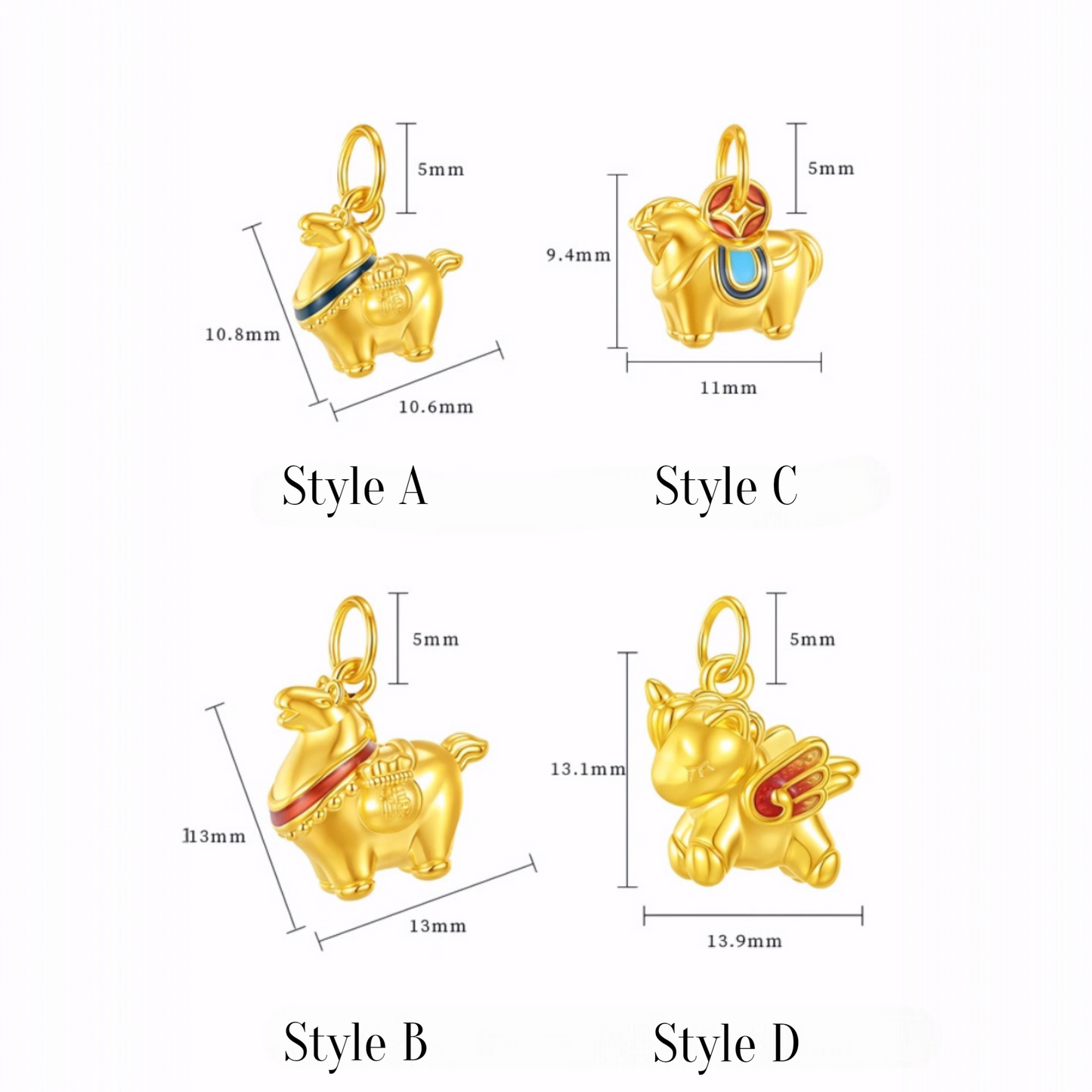 24K 999 Pure Gold Enamel Pony Year of Horse Zodiac Unicorn Charm Pendant