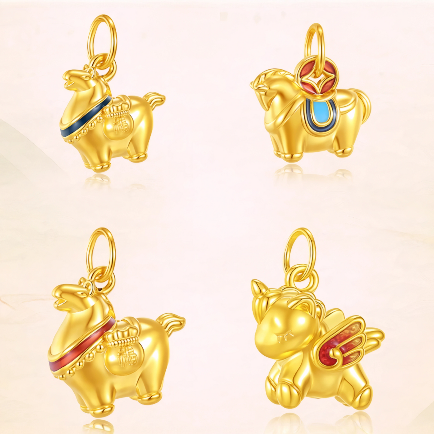 24K 999 Pure Gold Enamel Pony Year of Horse Zodiac Unicorn Charm Pendant