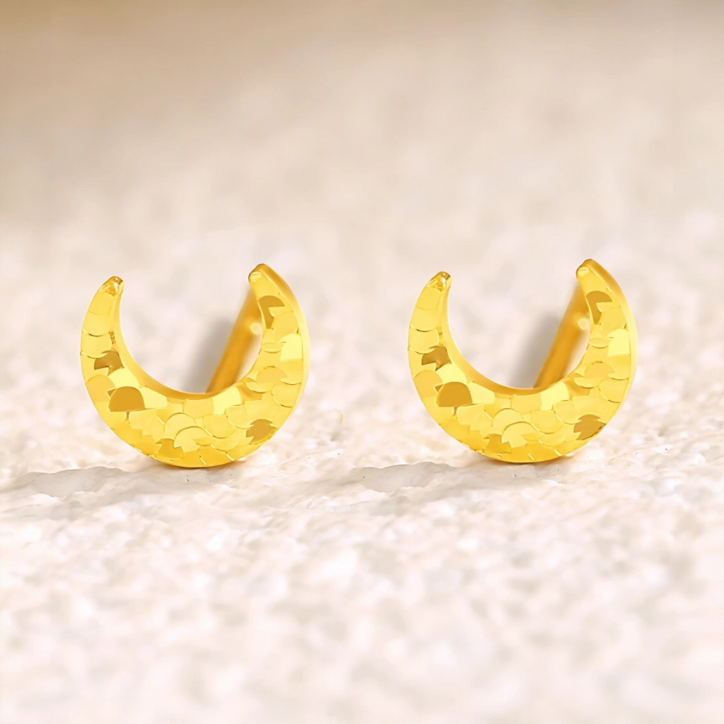24K 999 Gold Unique and Trendy Scale Shinning Moon Stud Earrings