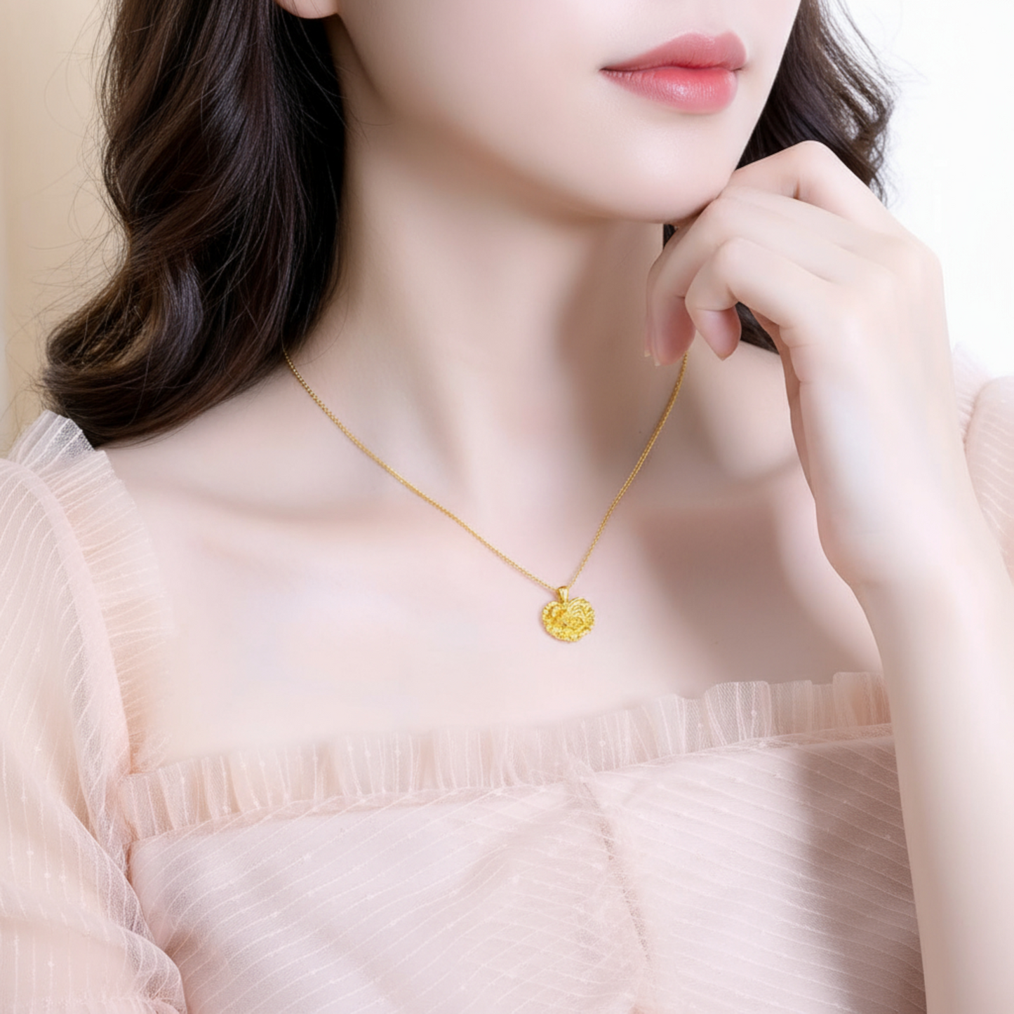 24K 999 Gold Trendy Heart Shape Flower Peony Pendant