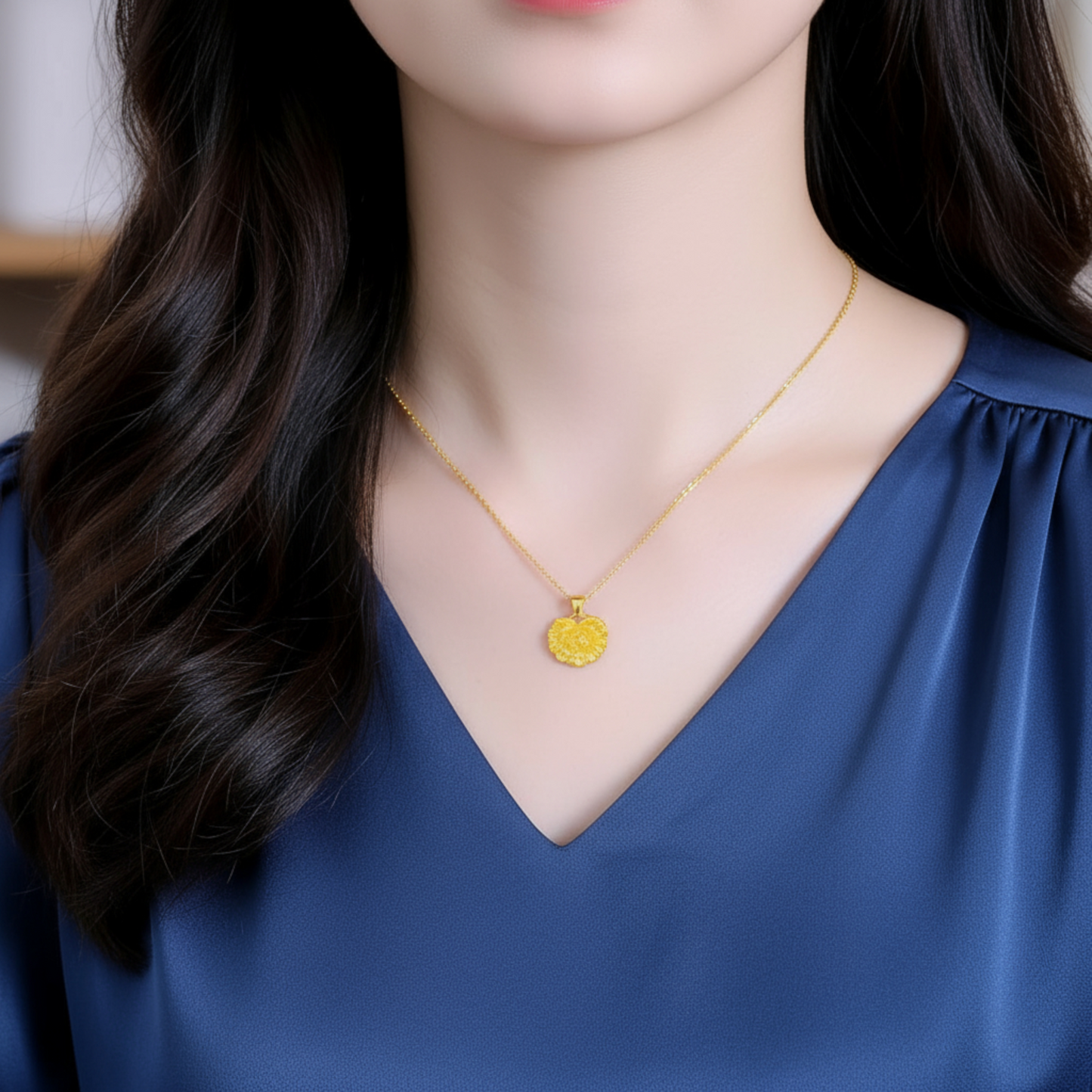 24K 999 Gold Trendy Heart Shape Flower Peony Pendant