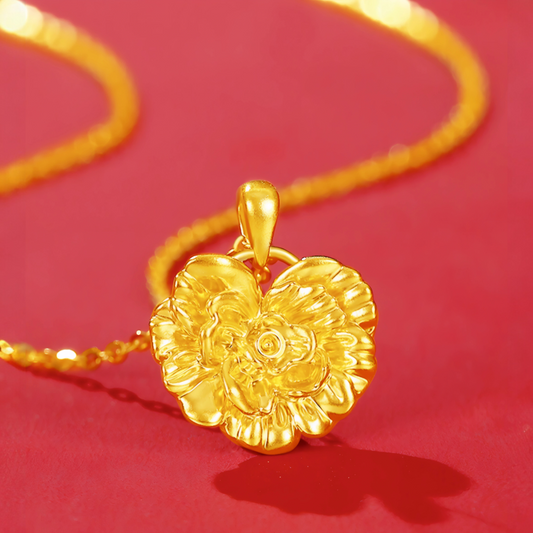 24K 999 Gold Trendy Heart Shape Flower Peony Pendant