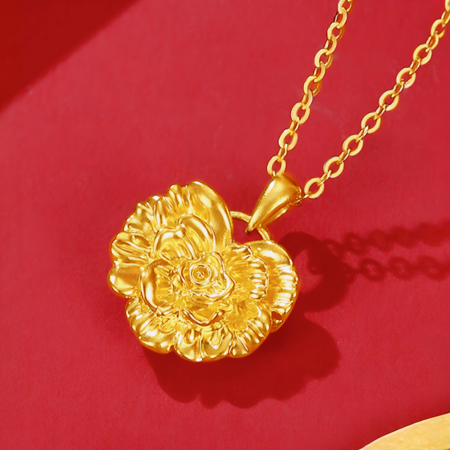 24K 999 Gold Trendy Heart Shape Flower Peony Pendant