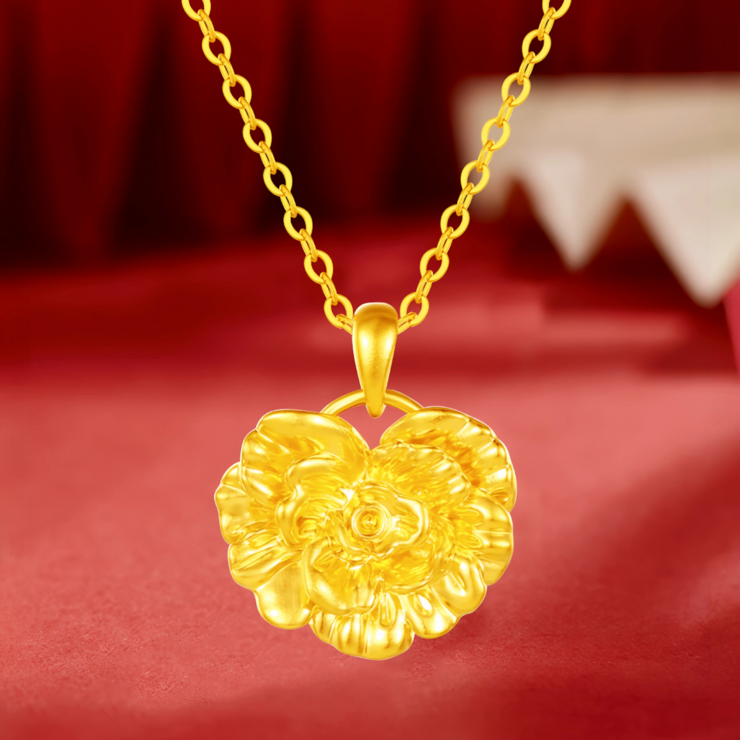 24K 999 Gold Trendy Heart Shape Flower Peony Pendant