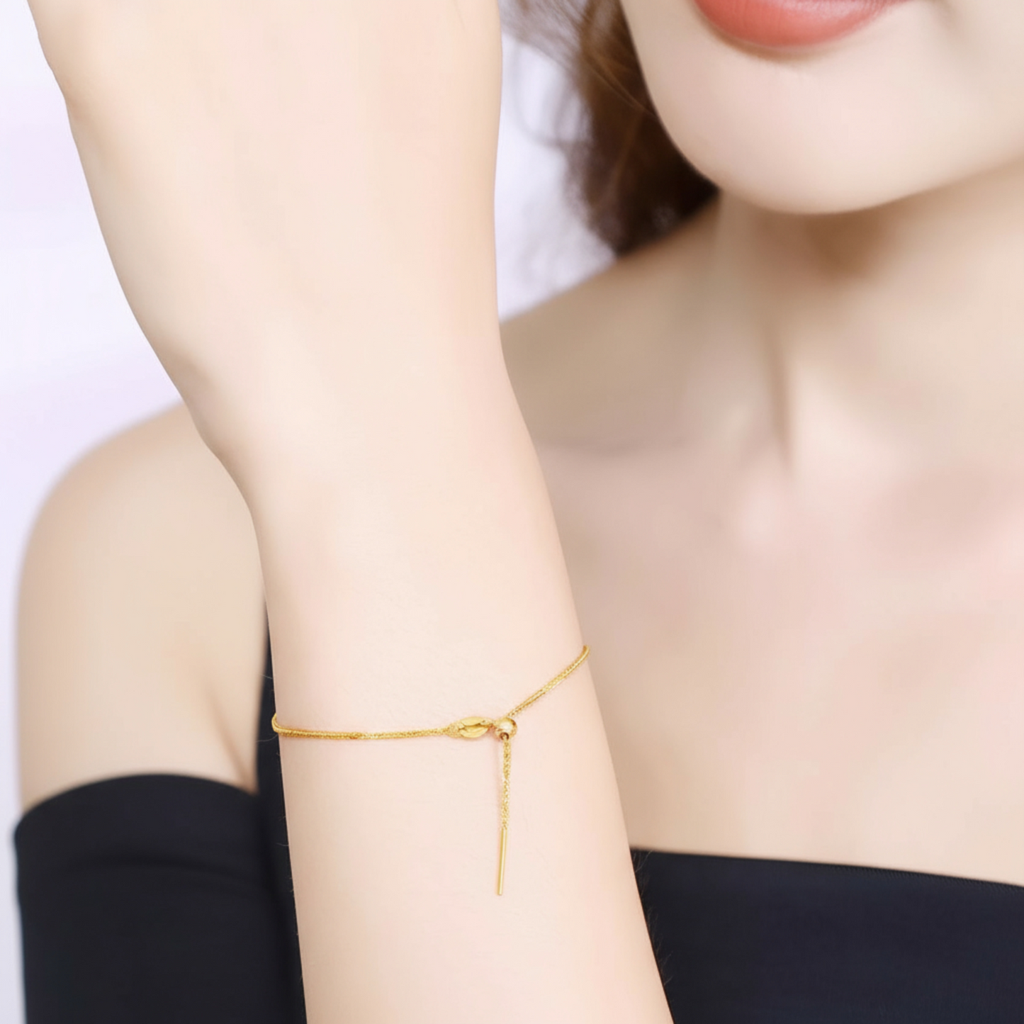 18K Gold Chopin Chain Link Pull Bead Adjustable Length Bracelet