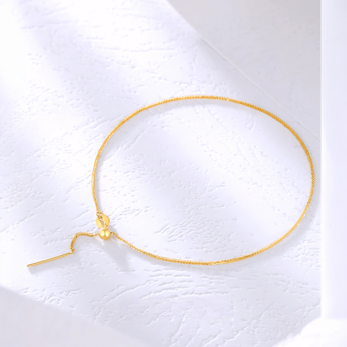 18K Gold Chopin Chain Link Pull Bead Adjustable Length Bracelet