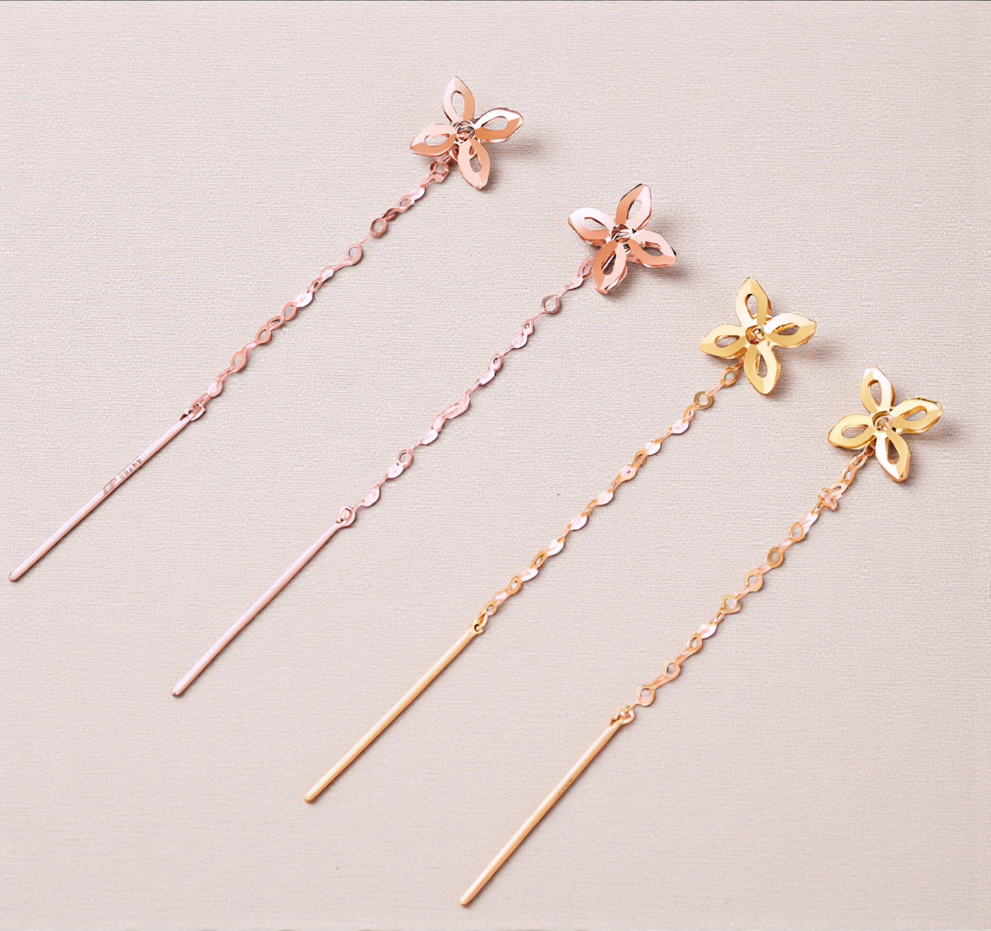 18K Gold Rose Gold Unique and Trendy Threader Lucky Clover Star Earrings