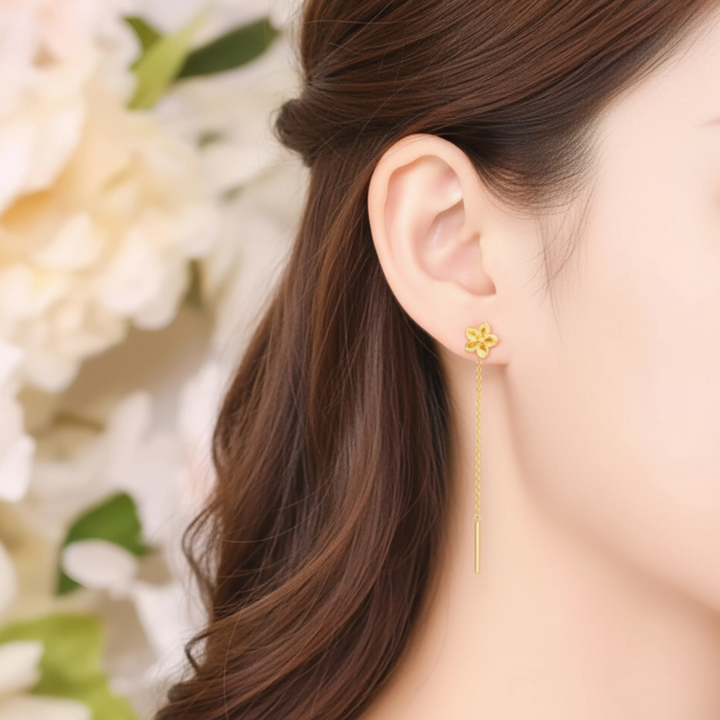 24K Authentic Pure Gold Trendy Threader Chain Lucky Clover Flower Charm Earrings