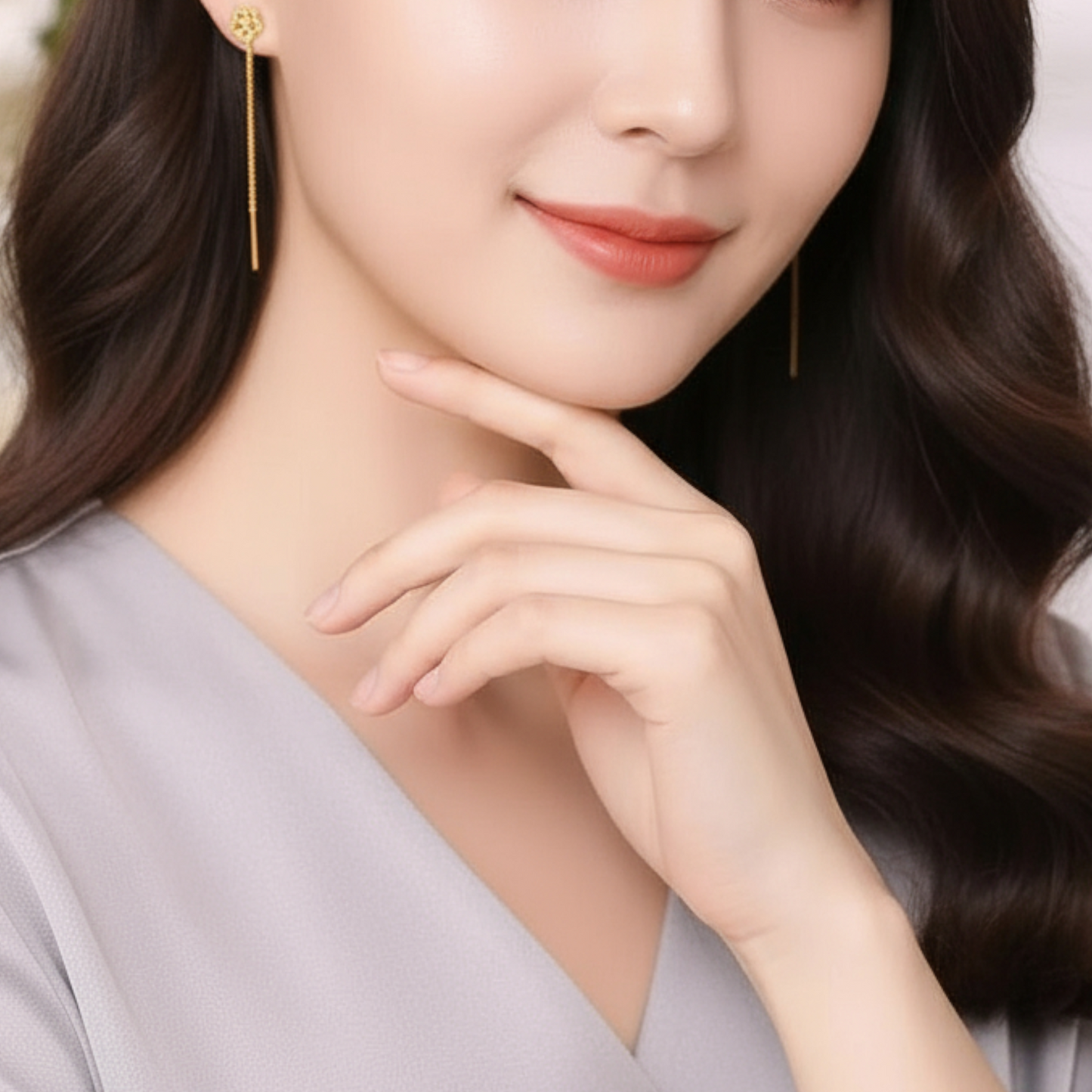 24K Authentic Pure Gold Trendy Threader Chain Lucky Clover Flower Charm Earrings