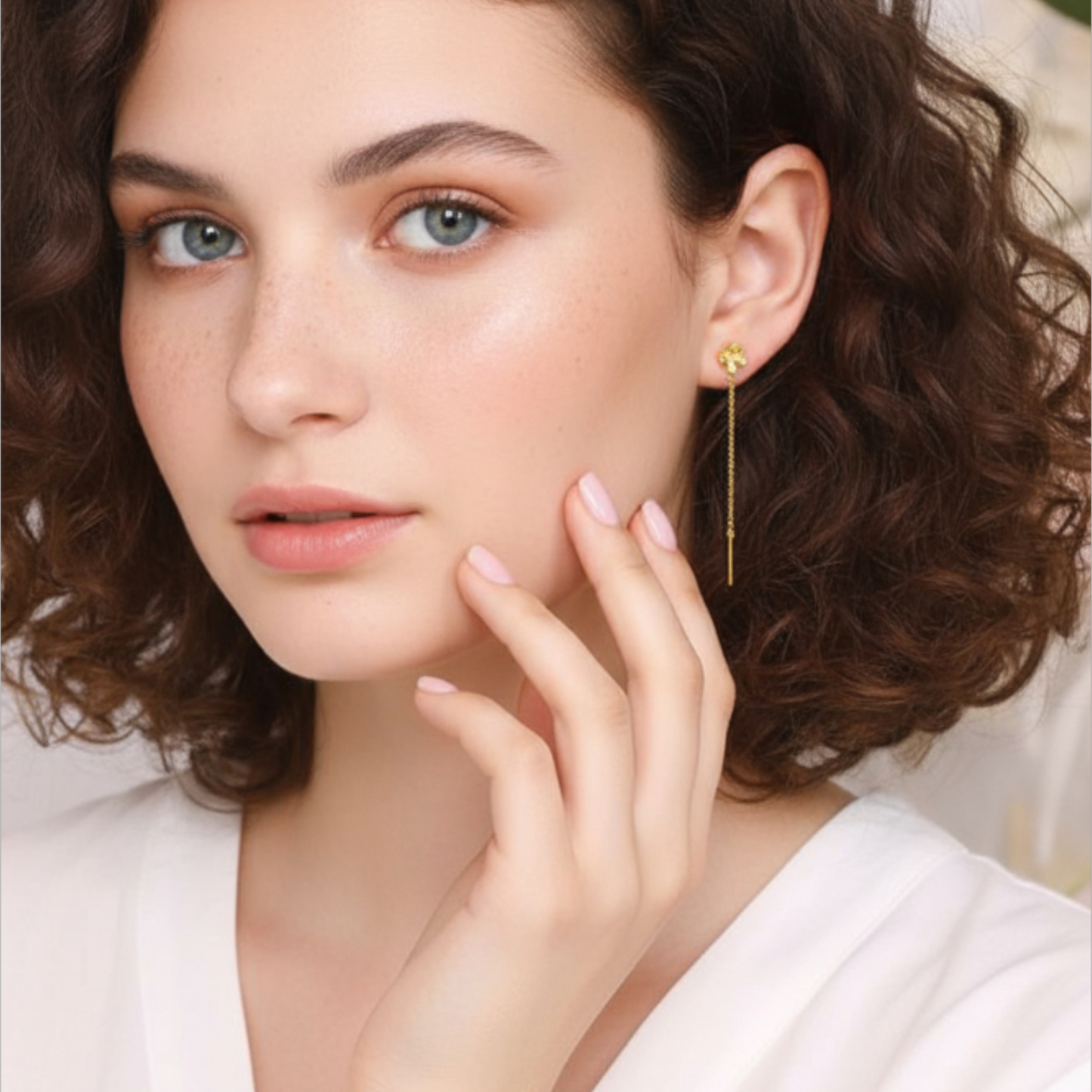 24K Authentic Pure Gold Trendy Threader Chain Lucky Clover Flower Charm Earrings