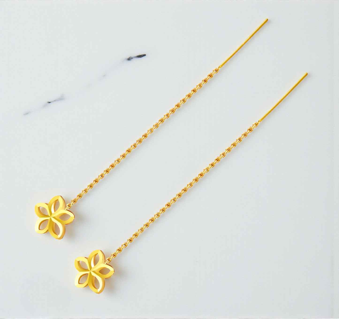 24K Authentic Pure Gold Trendy Threader Chain Lucky Clover Flower Charm Earrings
