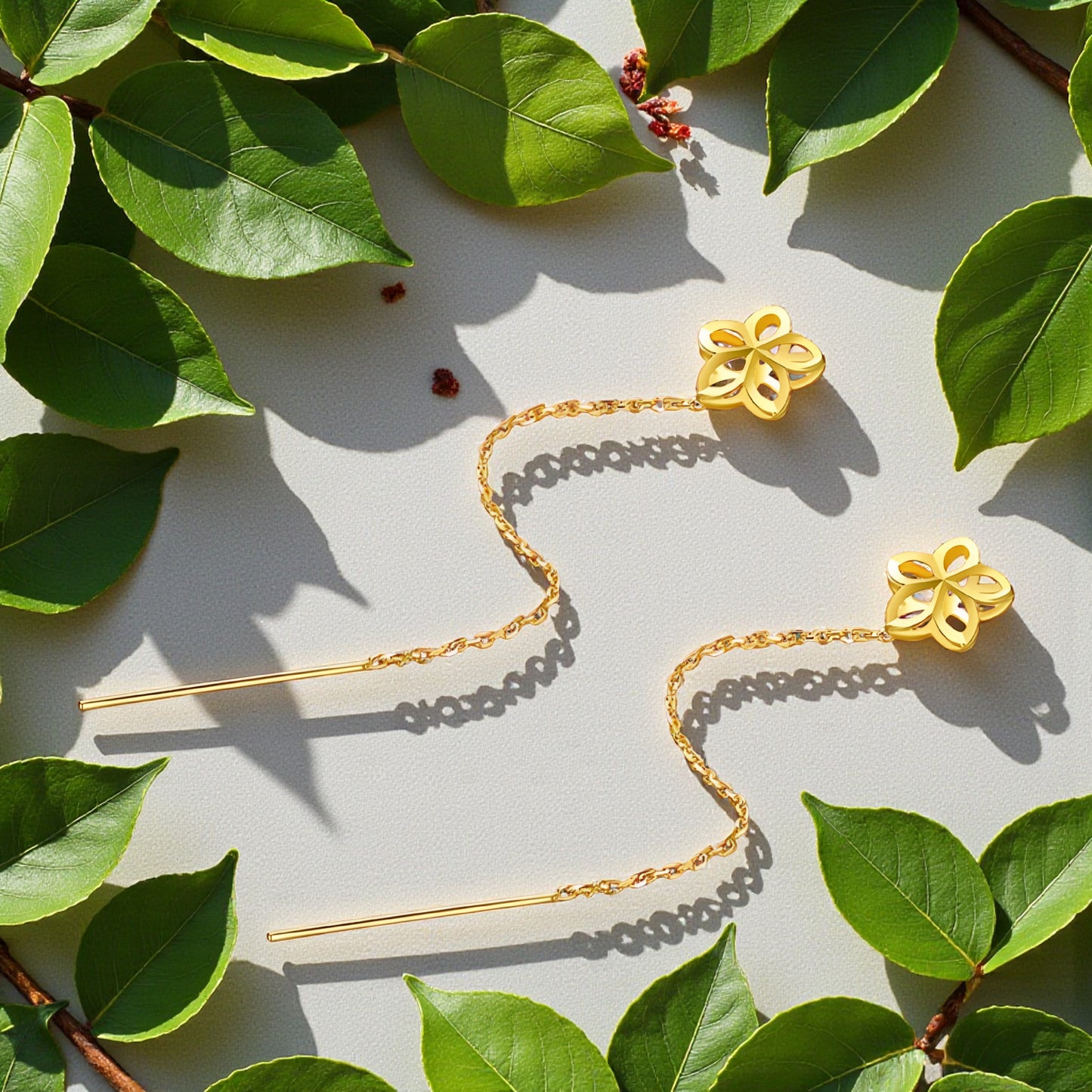 24K Authentic Pure Gold Trendy Threader Chain Lucky Clover Flower Charm Earrings