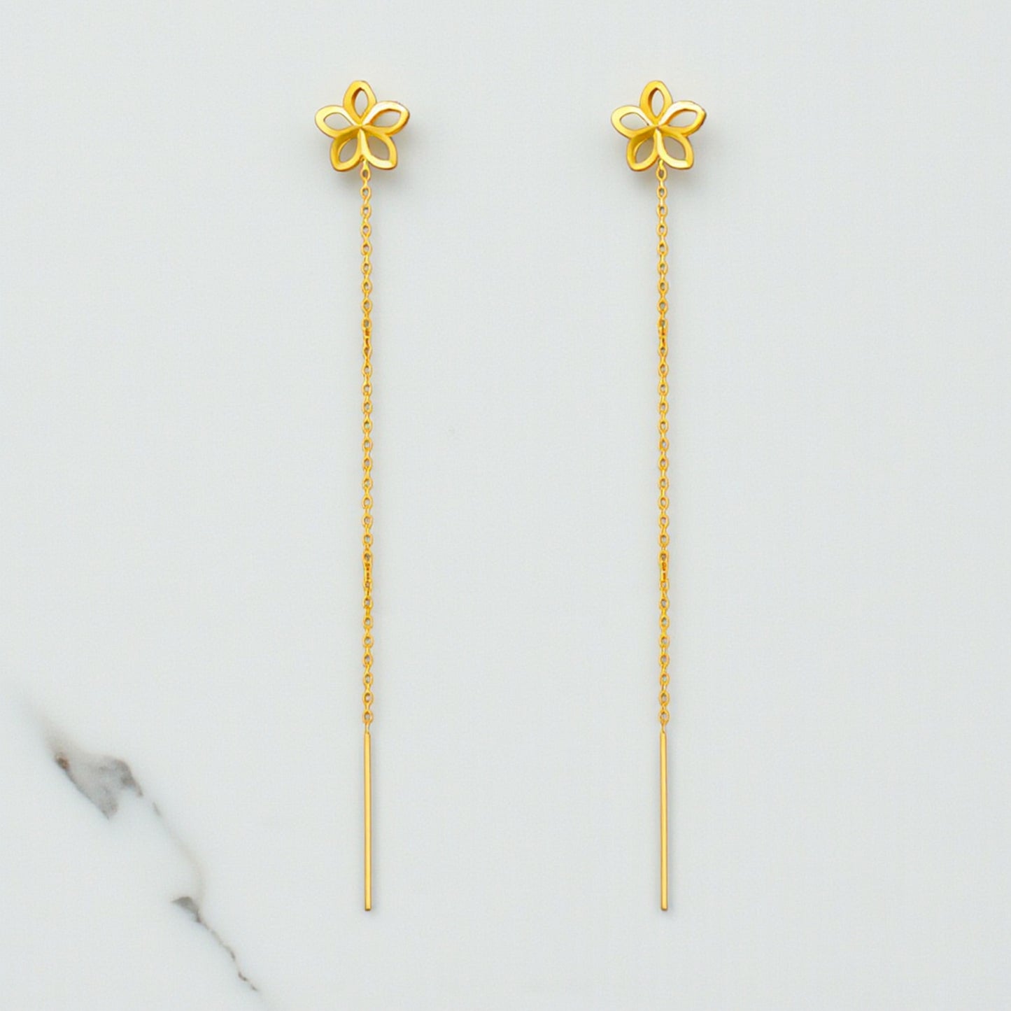 24K Authentic Pure Gold Trendy Threader Chain Lucky Clover Flower Charm Earrings