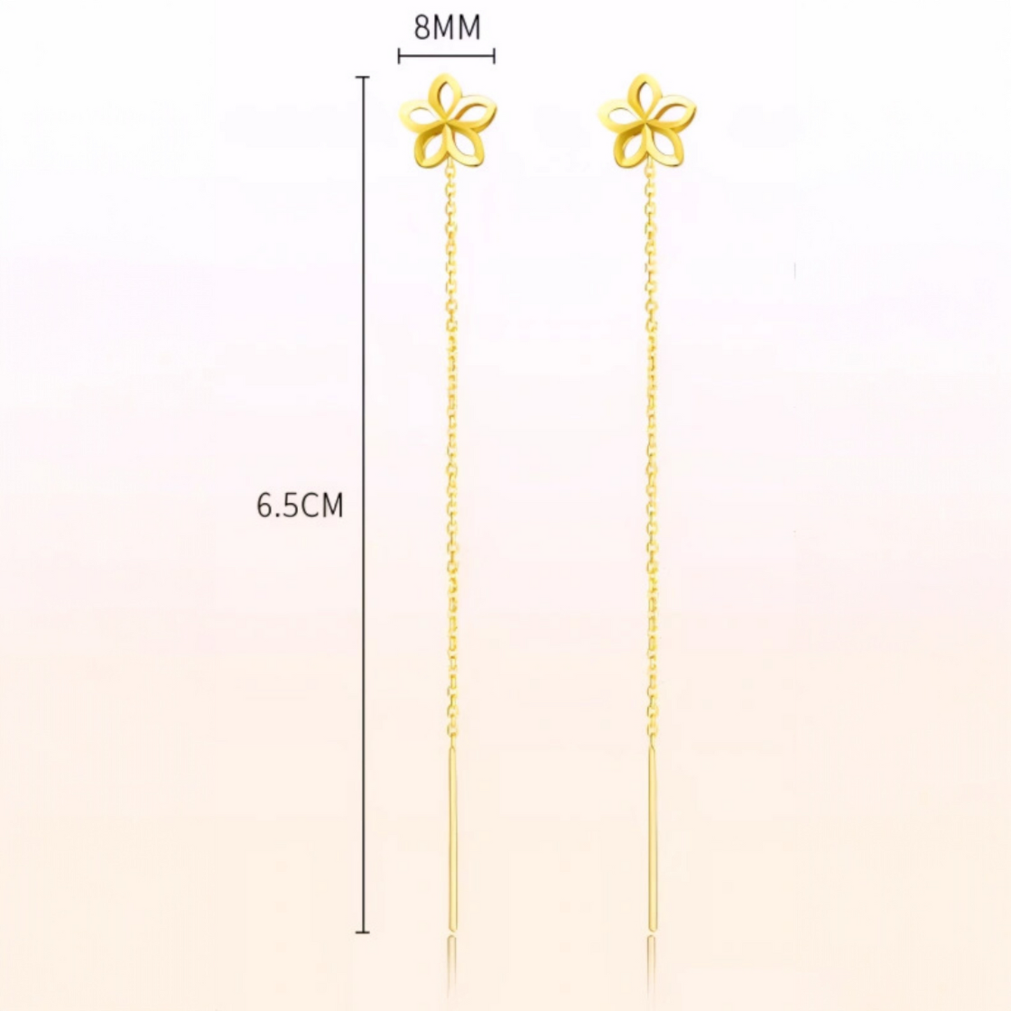 24K Authentic Pure Gold Trendy Threader Chain Lucky Clover Flower Charm Earrings