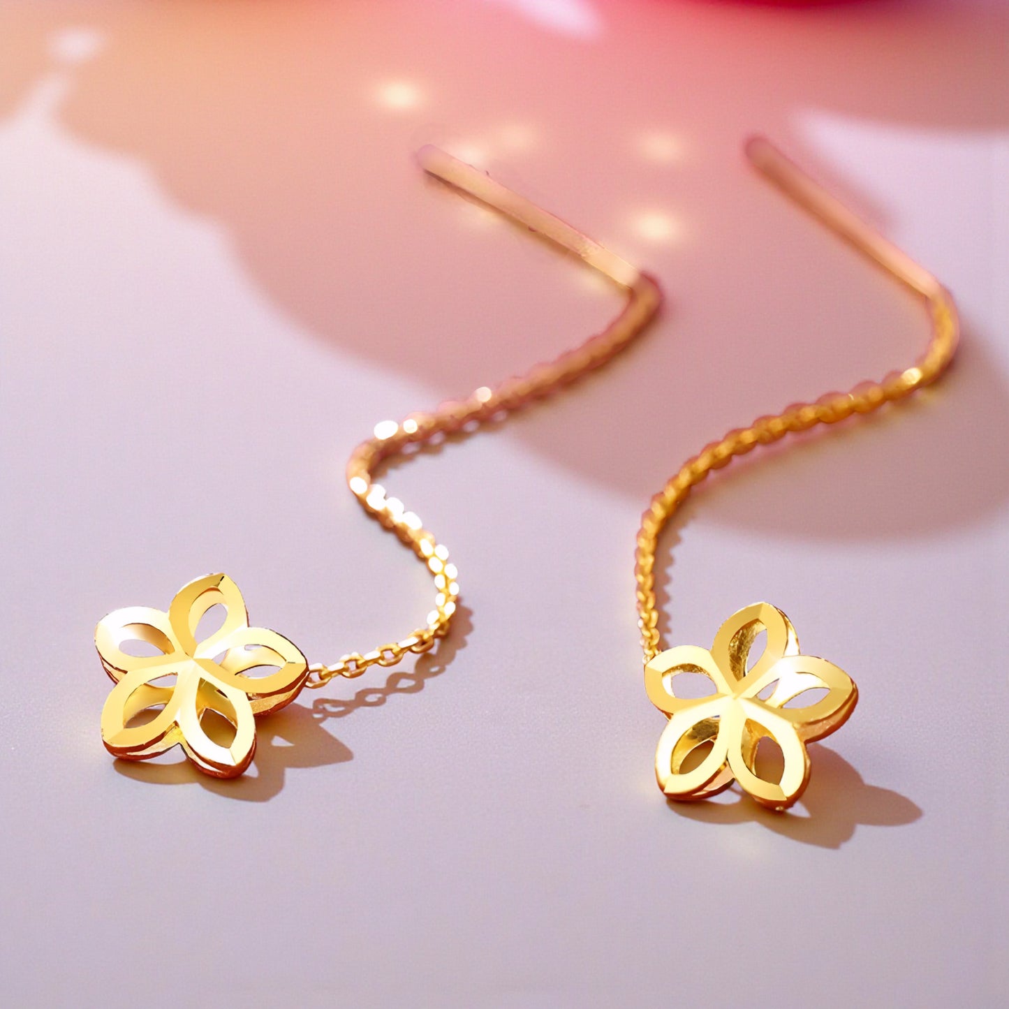 24K Authentic Pure Gold Trendy Threader Chain Lucky Clover Flower Charm Earrings