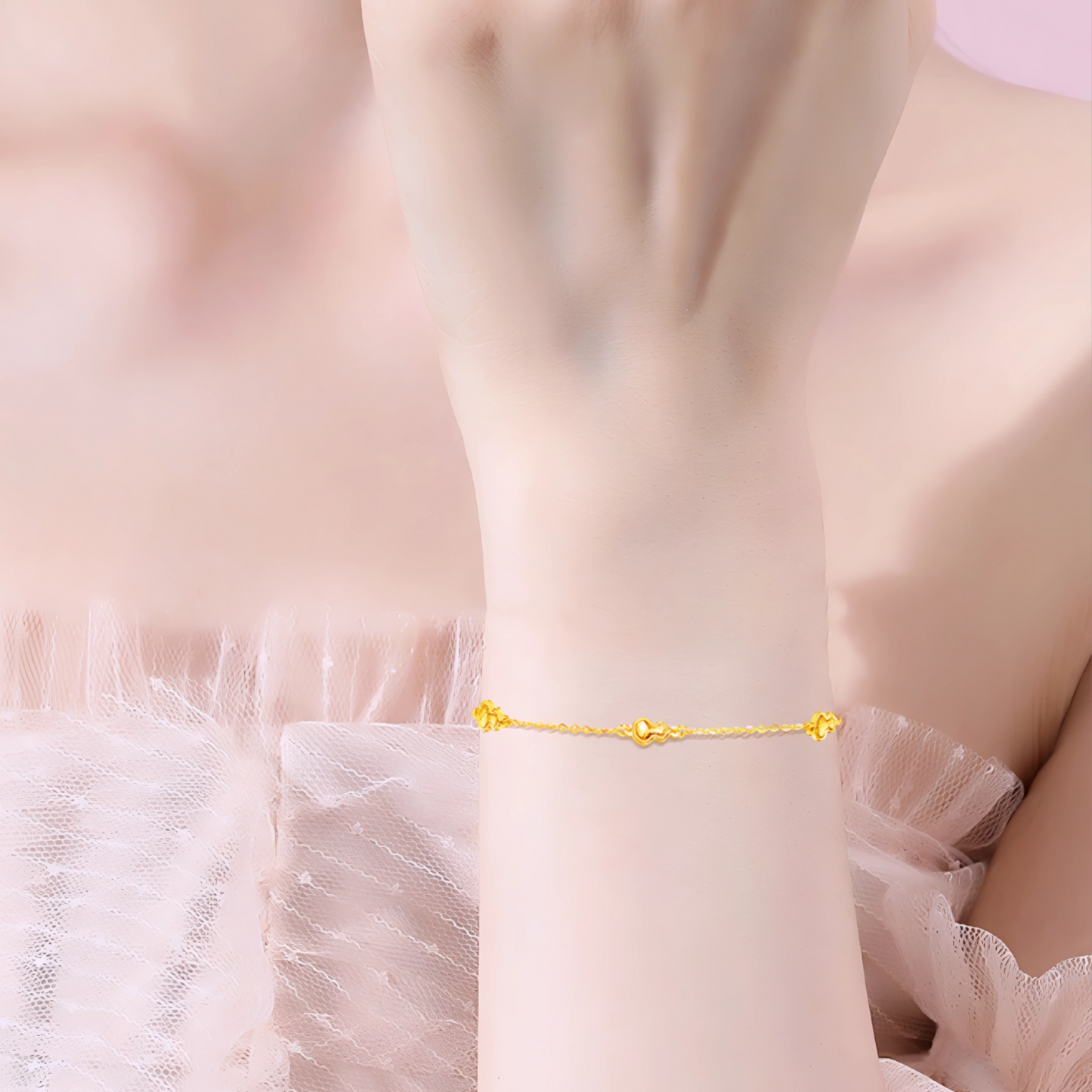 24K Yellow 5G Gold Shinning Gourd Charm Lucky Fortune Chain Bracelet