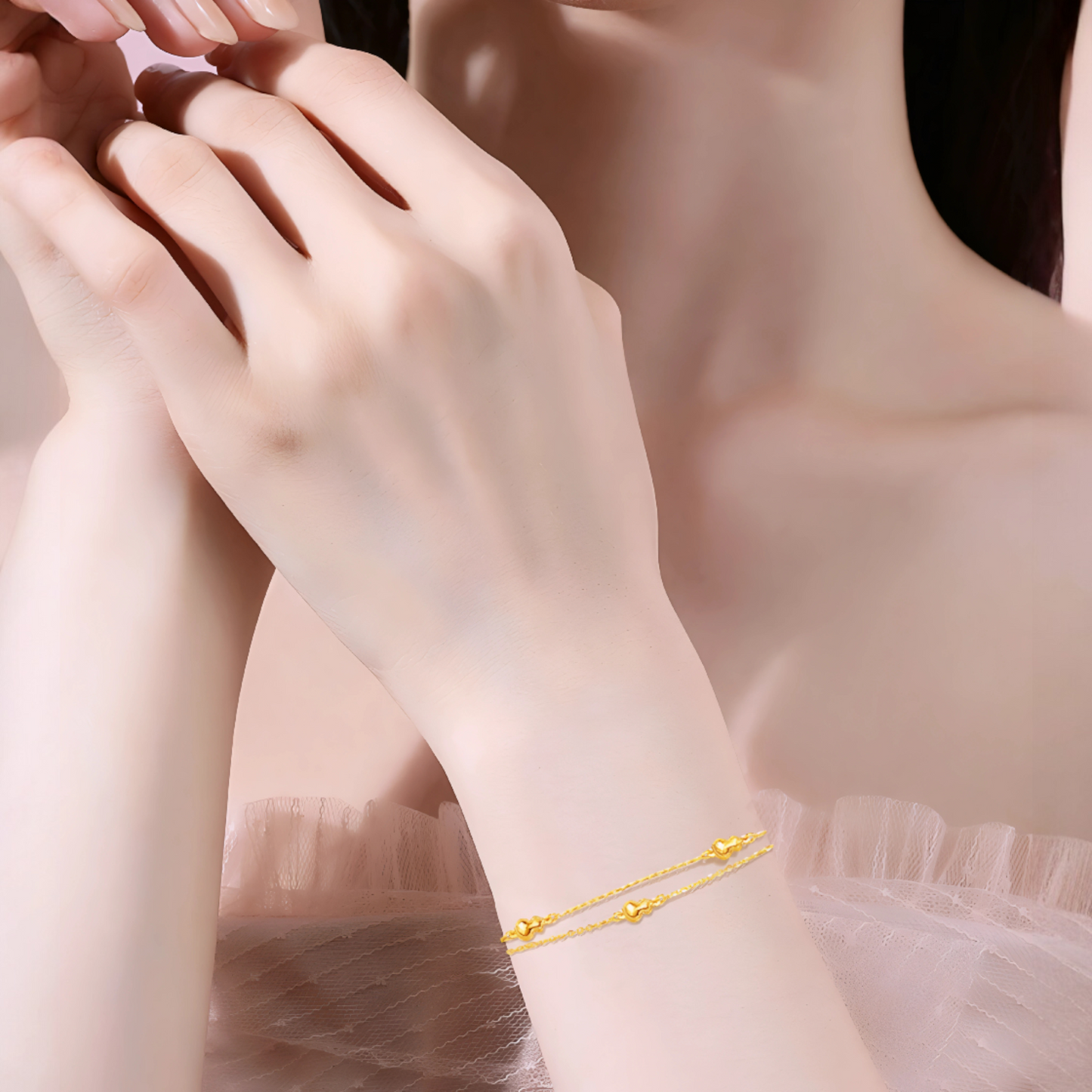 24K Yellow 5G Gold Shinning Gourd Charm Lucky Fortune Chain Bracelet