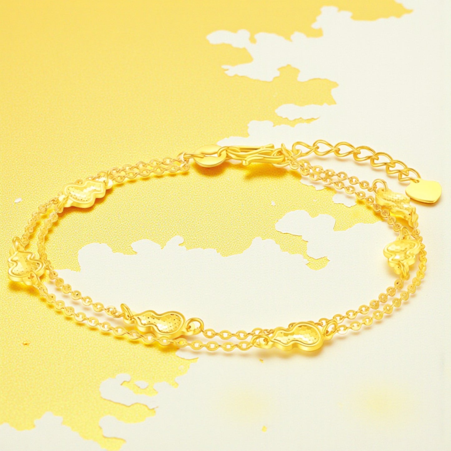 24K Yellow 5G Gold Shinning Gourd Charm Lucky Fortune Chain Bracelet