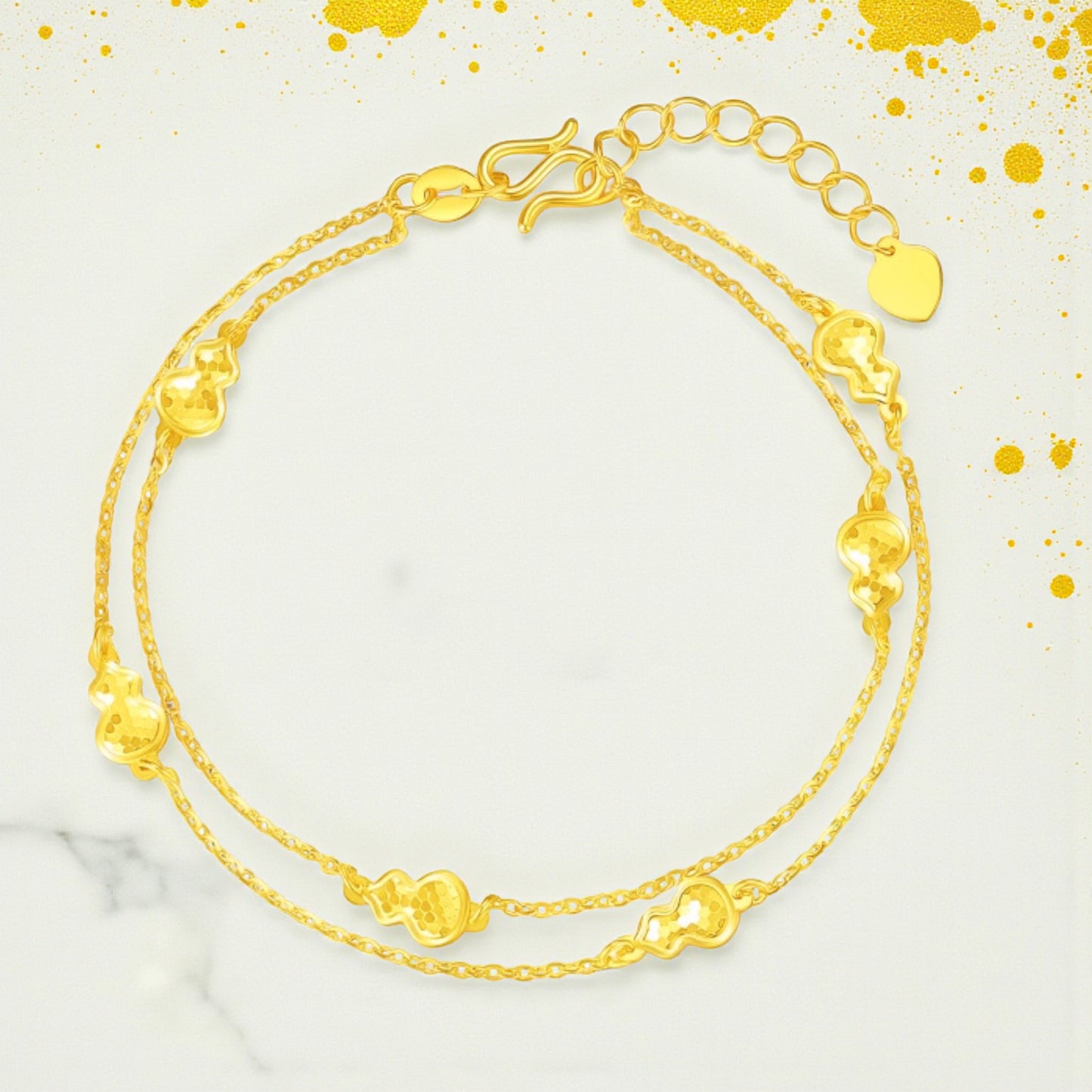 24K Yellow 5G Gold Shinning Gourd Charm Lucky Fortune Chain Bracelet