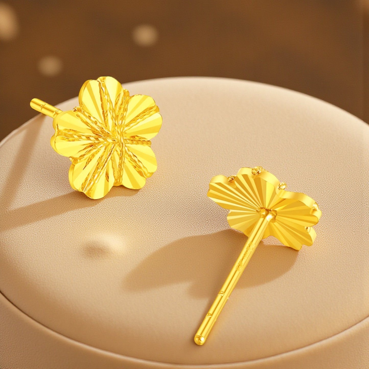 24K 999 Gold Unique and Trendy Shinning Cherry Blossom Flower Stud Earrings