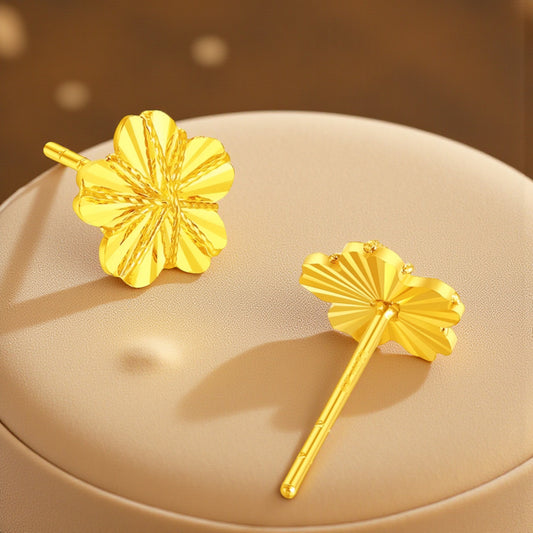 24K 999 Gold Unique and Trendy Shinning Cherry Blossom Flower Stud Earrings