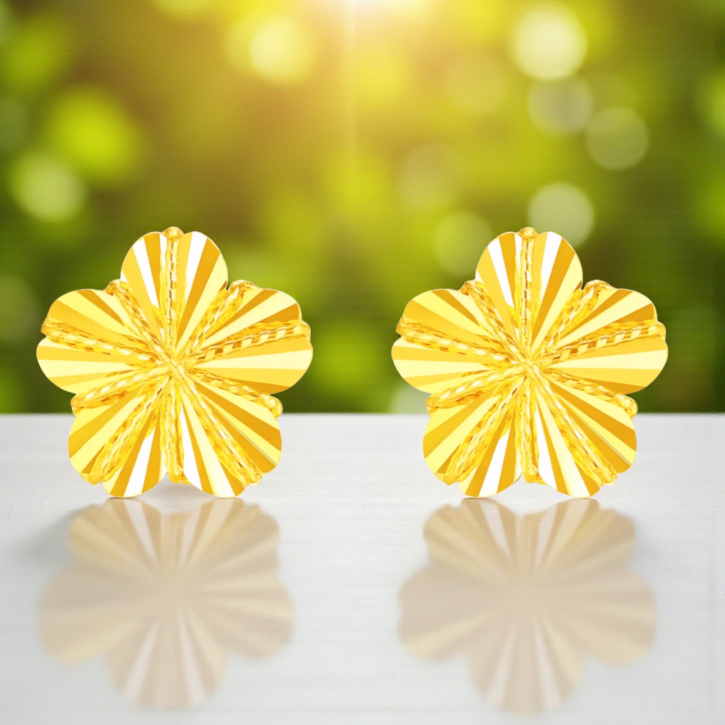 24K 999 Gold Unique and Trendy Shinning Cherry Blossom Flower Stud Earrings