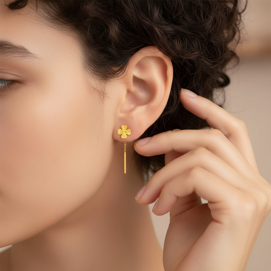 24K Authentic Pure Gold Trendy Threader Chain Lucky Clover Flower Charm Earrings