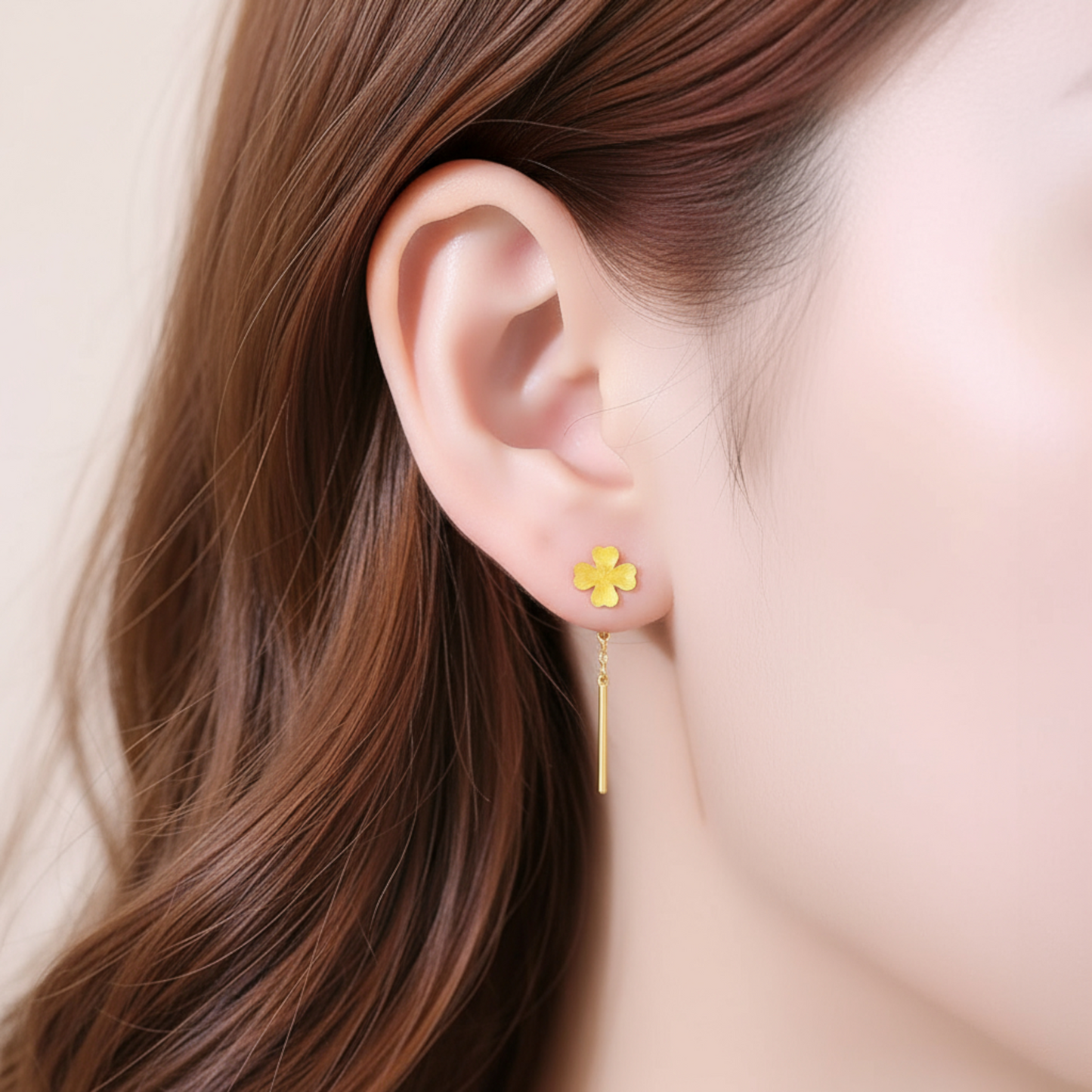 24K Authentic Pure Gold Trendy Threader Chain Lucky Clover Flower Charm Earrings