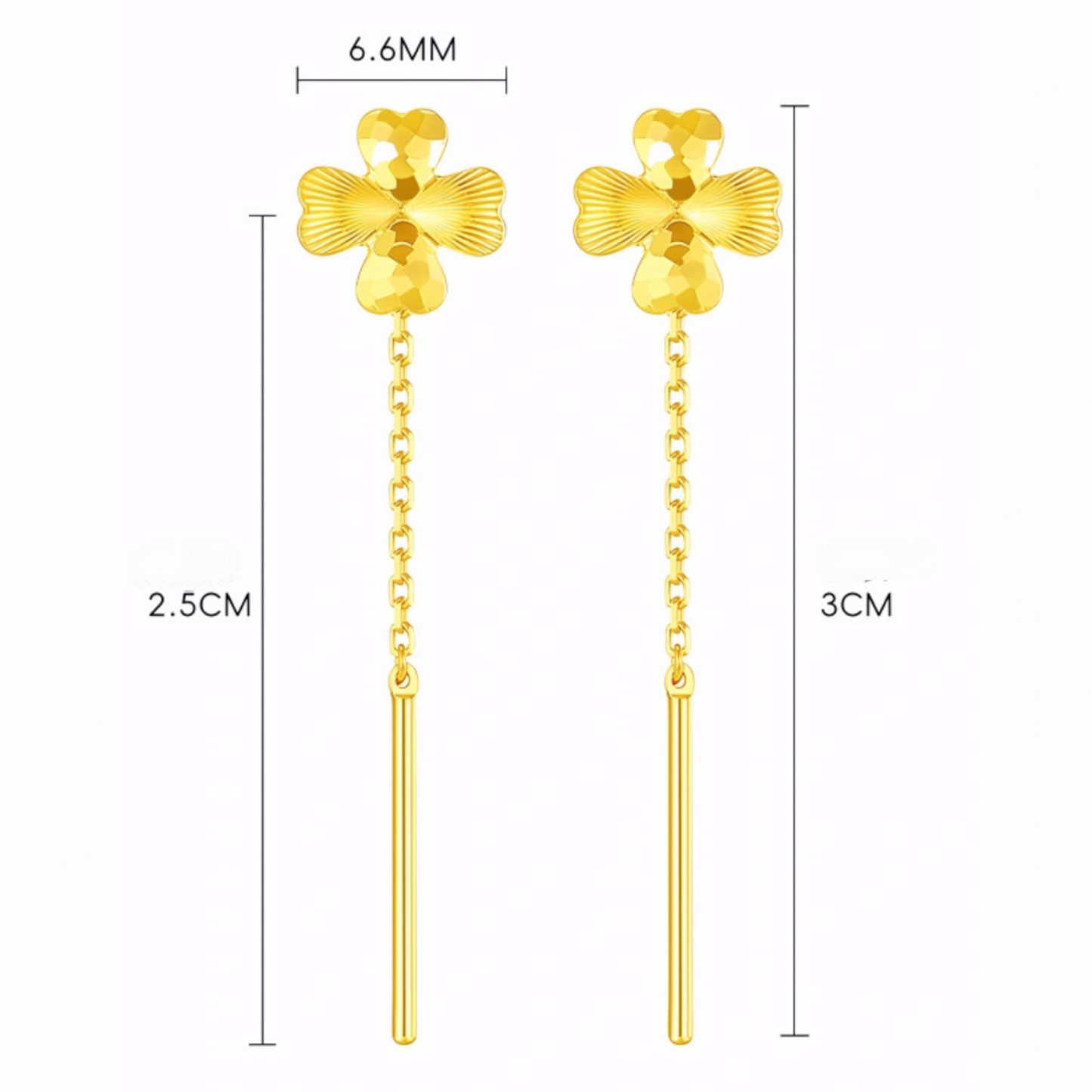 24K Authentic Pure Gold Trendy Threader Chain Lucky Clover Flower Charm Earrings