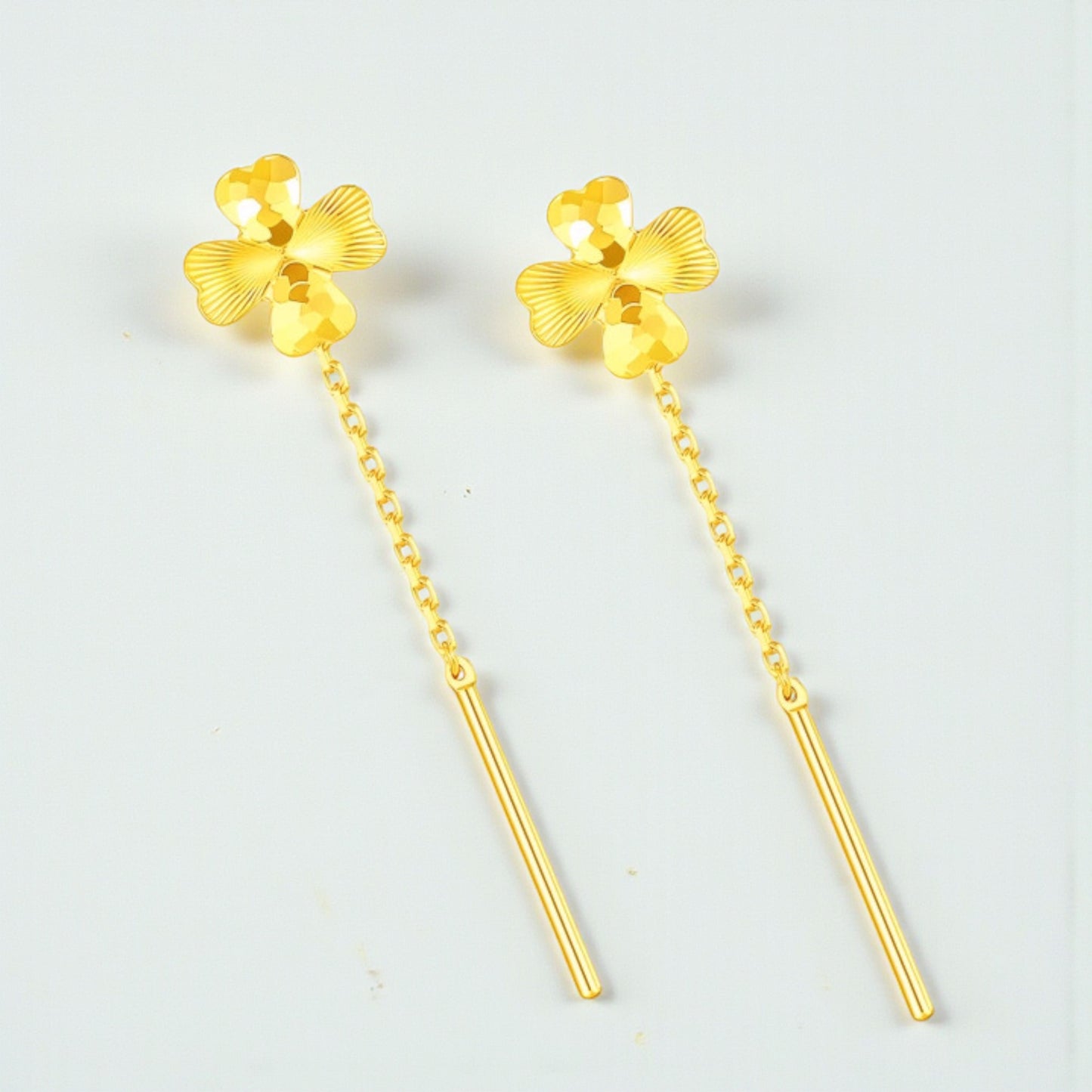 24K Authentic Pure Gold Trendy Threader Chain Lucky Clover Flower Charm Earrings