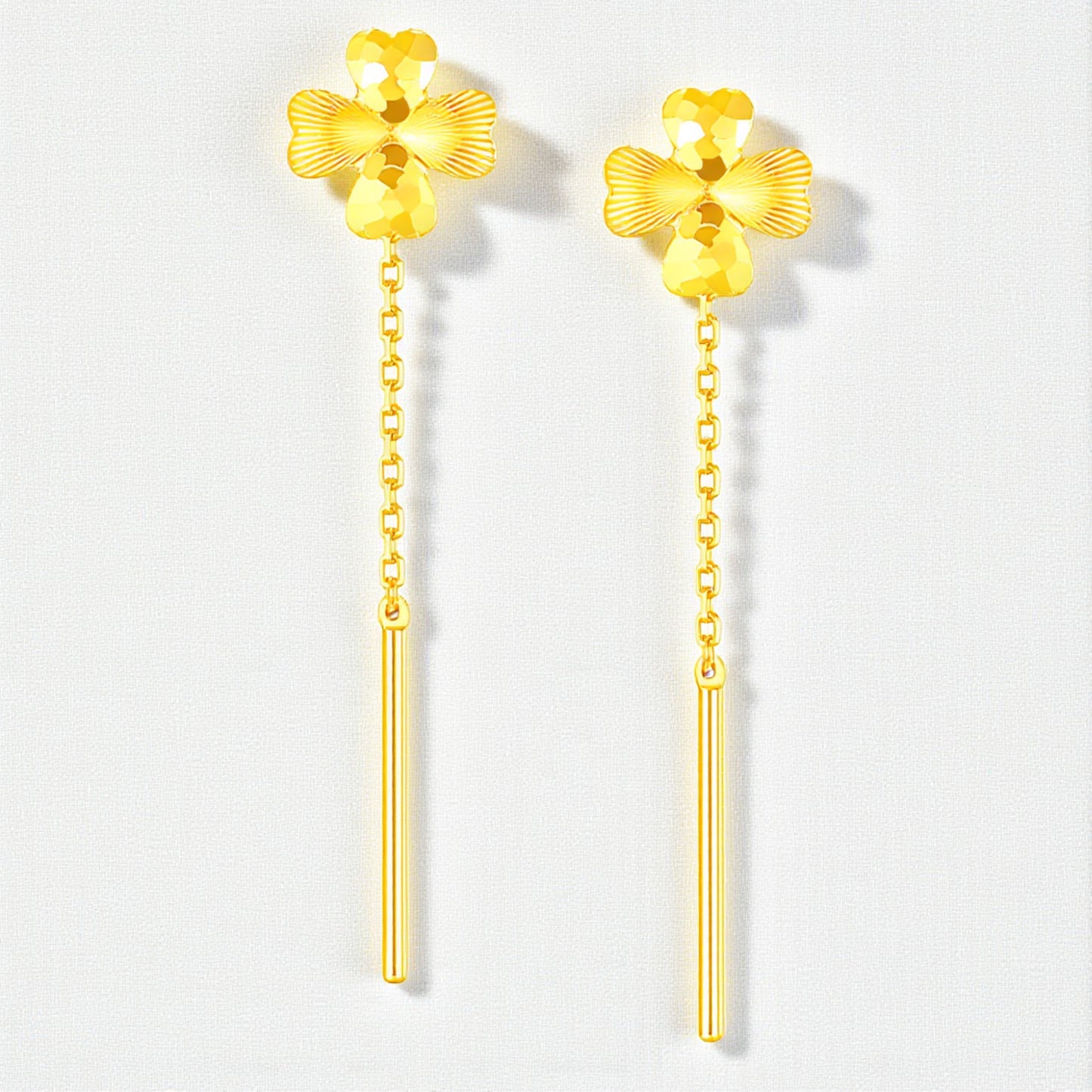 24K Authentic Pure Gold Trendy Threader Chain Lucky Clover Flower Charm Earrings