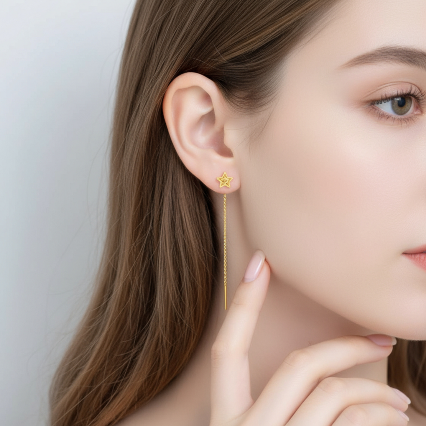 24K Authentic Pure Gold Trendy Threader Chain Star Charm Earrings