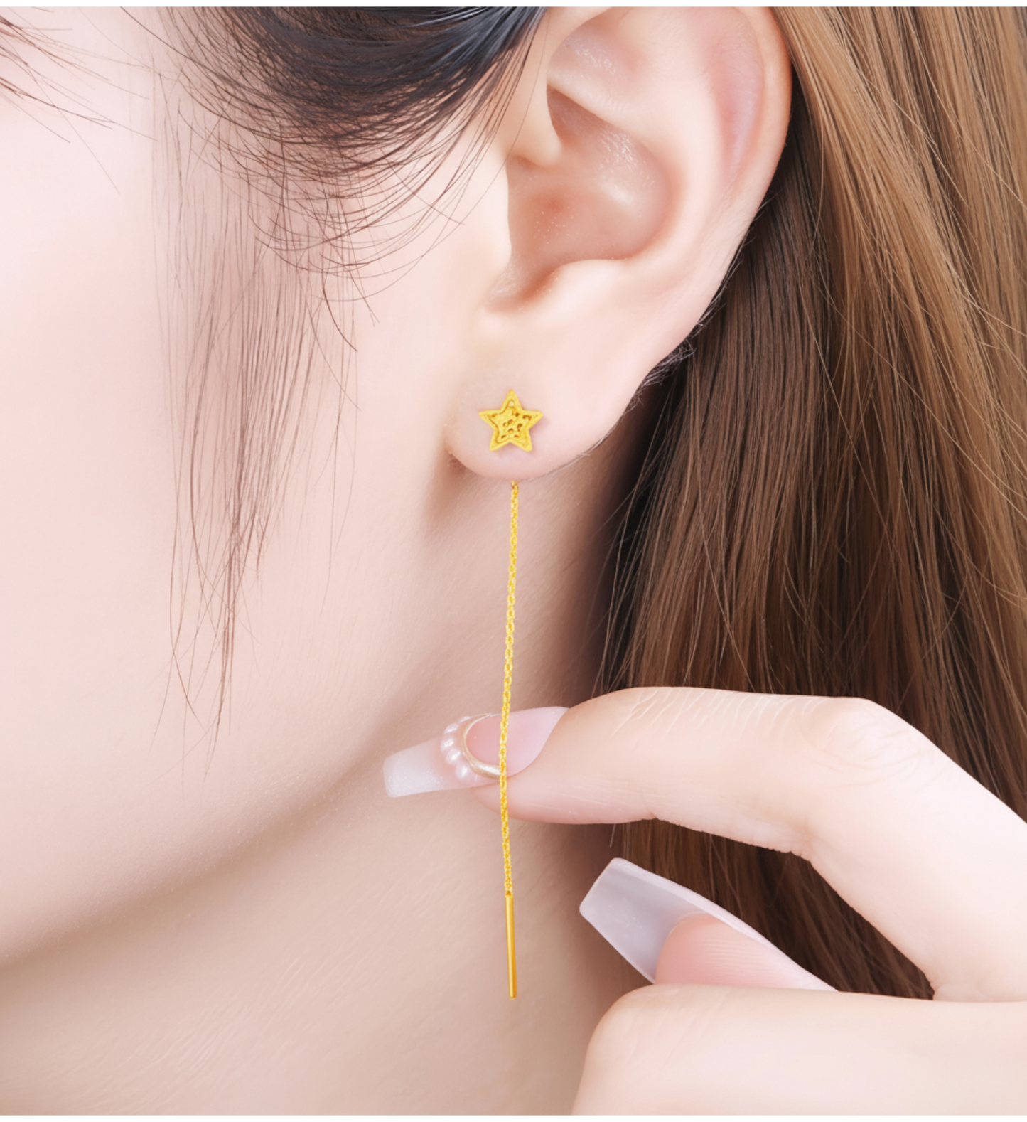 24K Authentic Pure Gold Trendy Threader Chain Star Charm Earrings