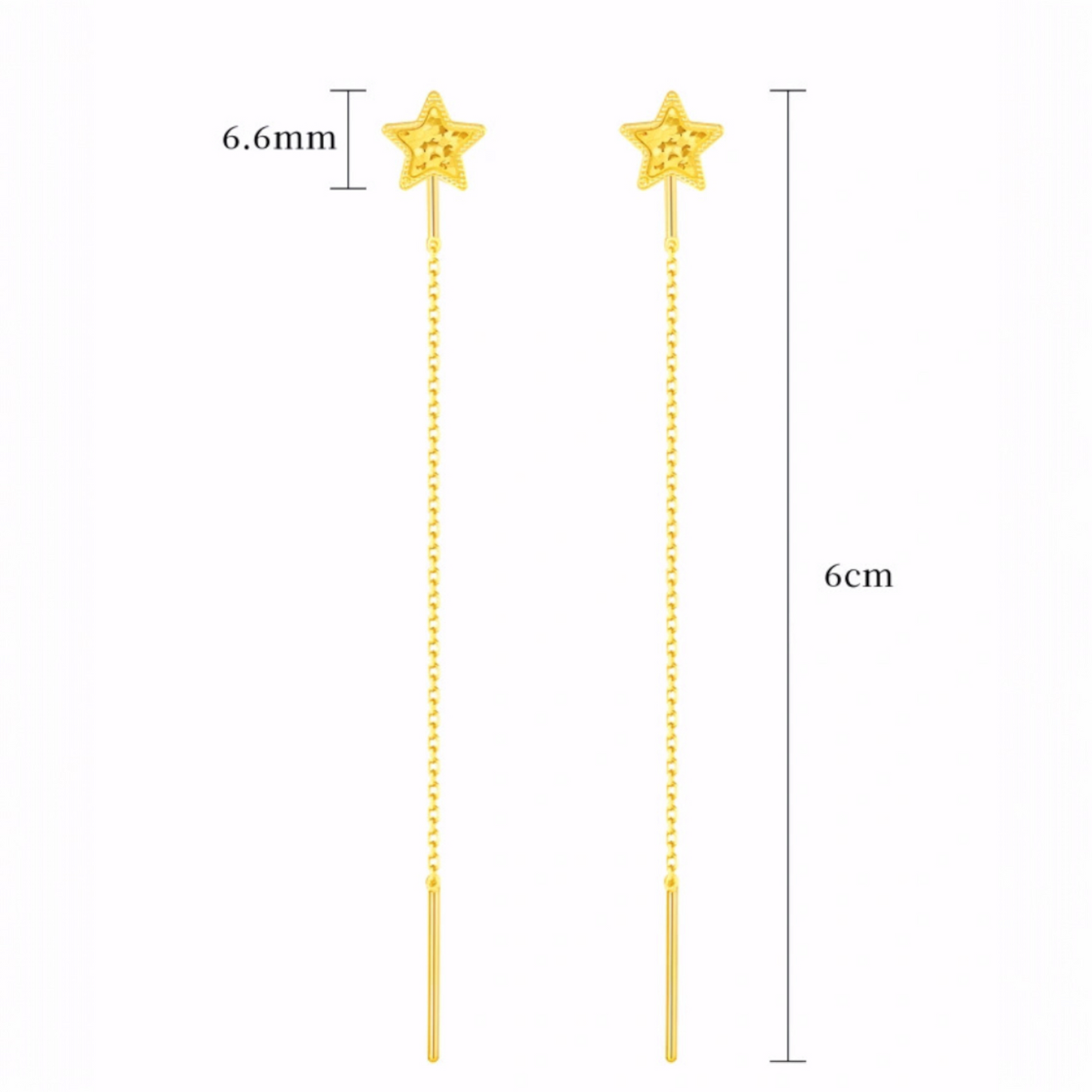 24K Authentic Pure Gold Trendy Threader Chain Star Charm Earrings