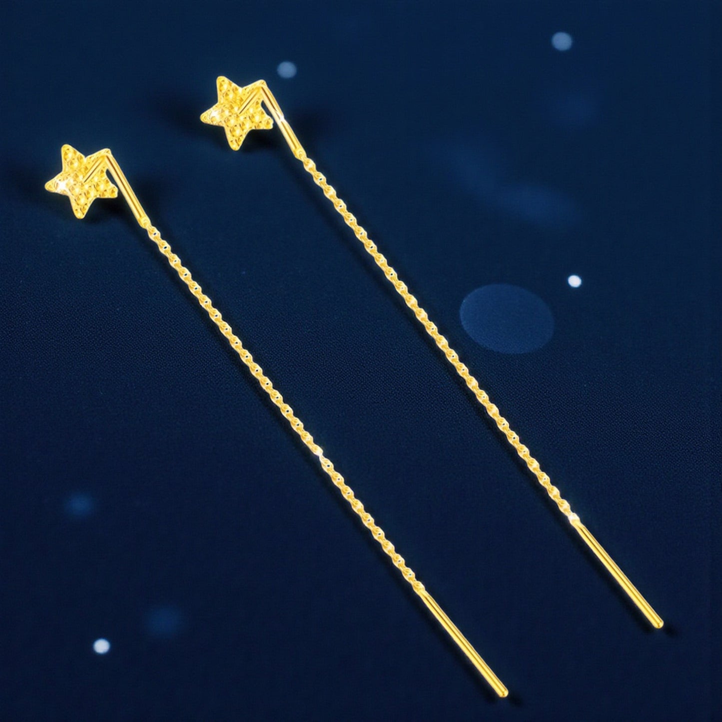 24K Authentic Pure Gold Trendy Threader Chain Star Charm Earrings