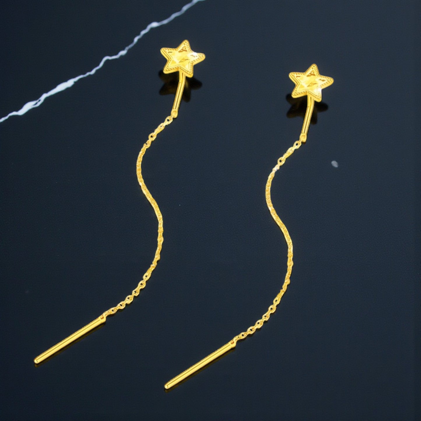 24K Authentic Pure Gold Trendy Threader Chain Star Charm Earrings