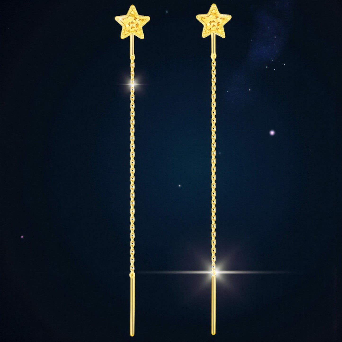 24K Authentic Pure Gold Trendy Threader Chain Star Charm Earrings