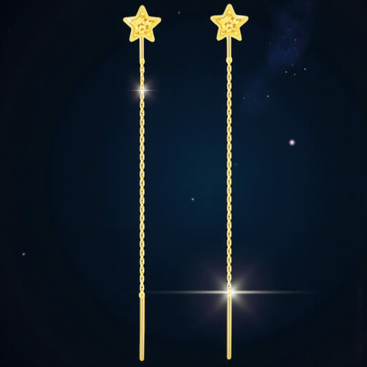 24K Authentic Pure Gold Trendy Threader Chain Star Charm Earrings