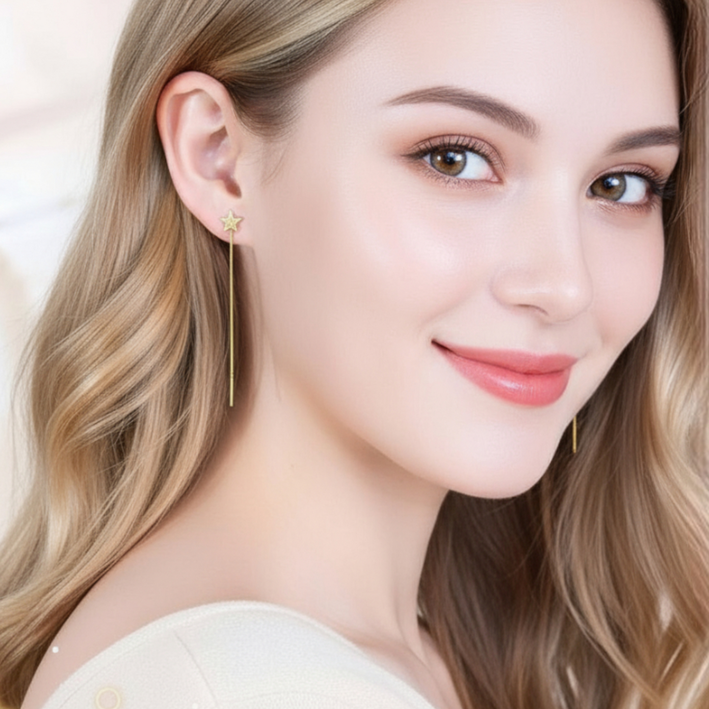24K Authentic Pure Gold Trendy Threader Chain Star Charm Earrings