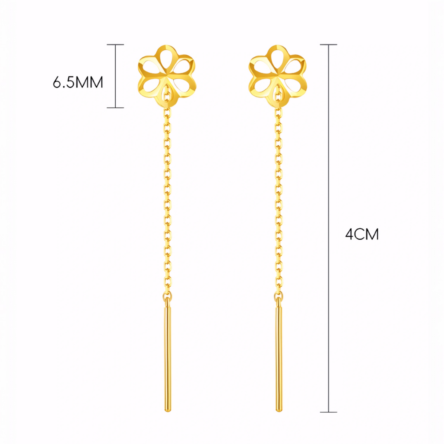 24K Authentic Pure 5G Gold Trendy Threader Chain Hollow Flower Charm Earrings