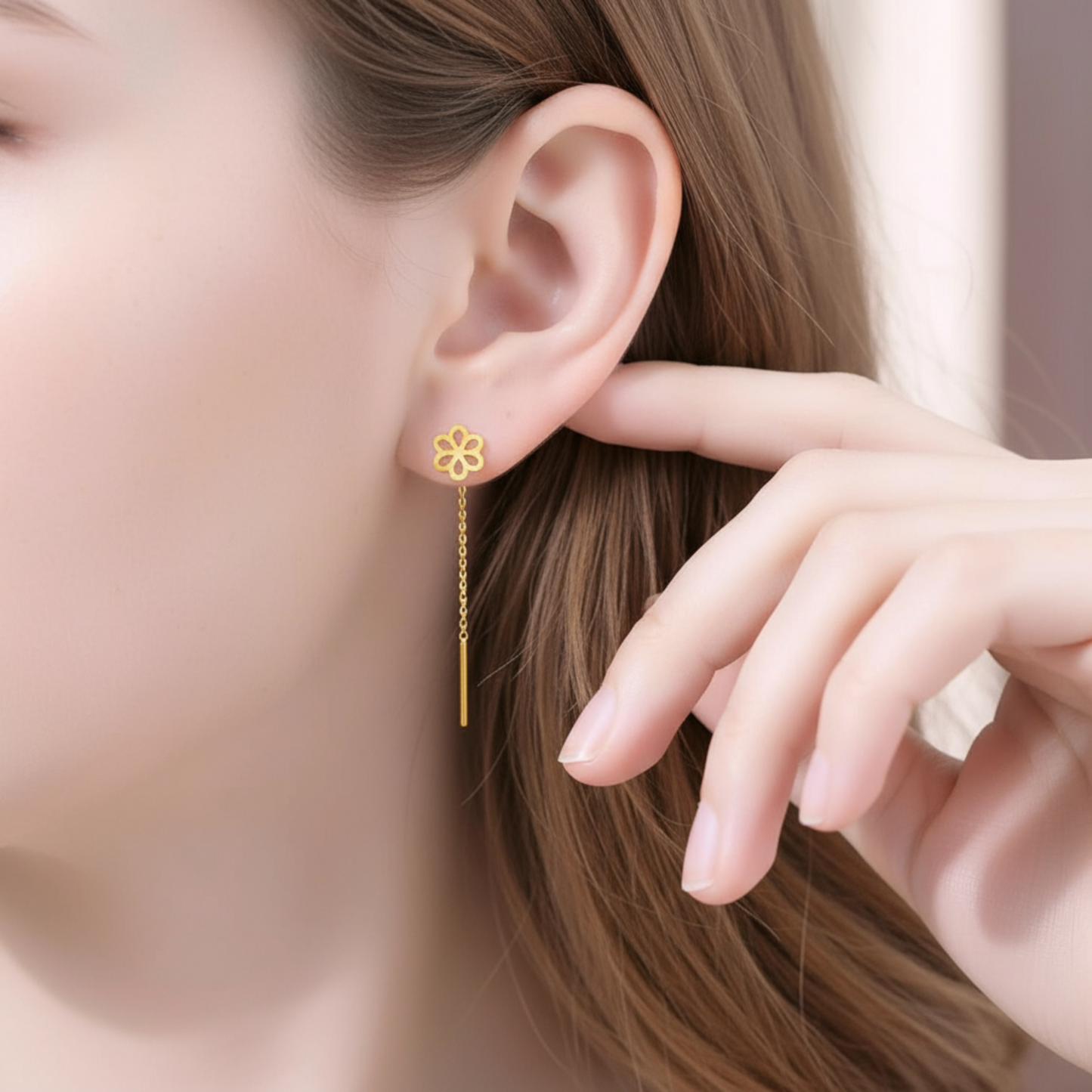 24K Authentic Pure 5G Gold Trendy Threader Chain Hollow Flower Charm Earrings