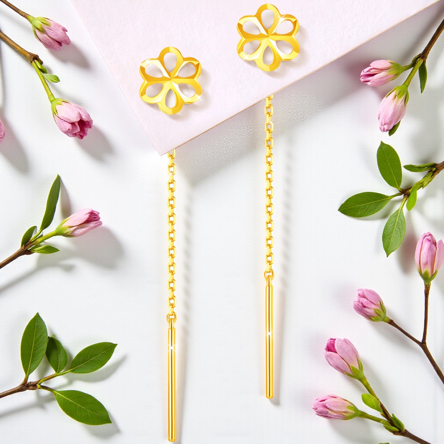 24K Authentic Pure 5G Gold Trendy Threader Chain Hollow Flower Charm Earrings