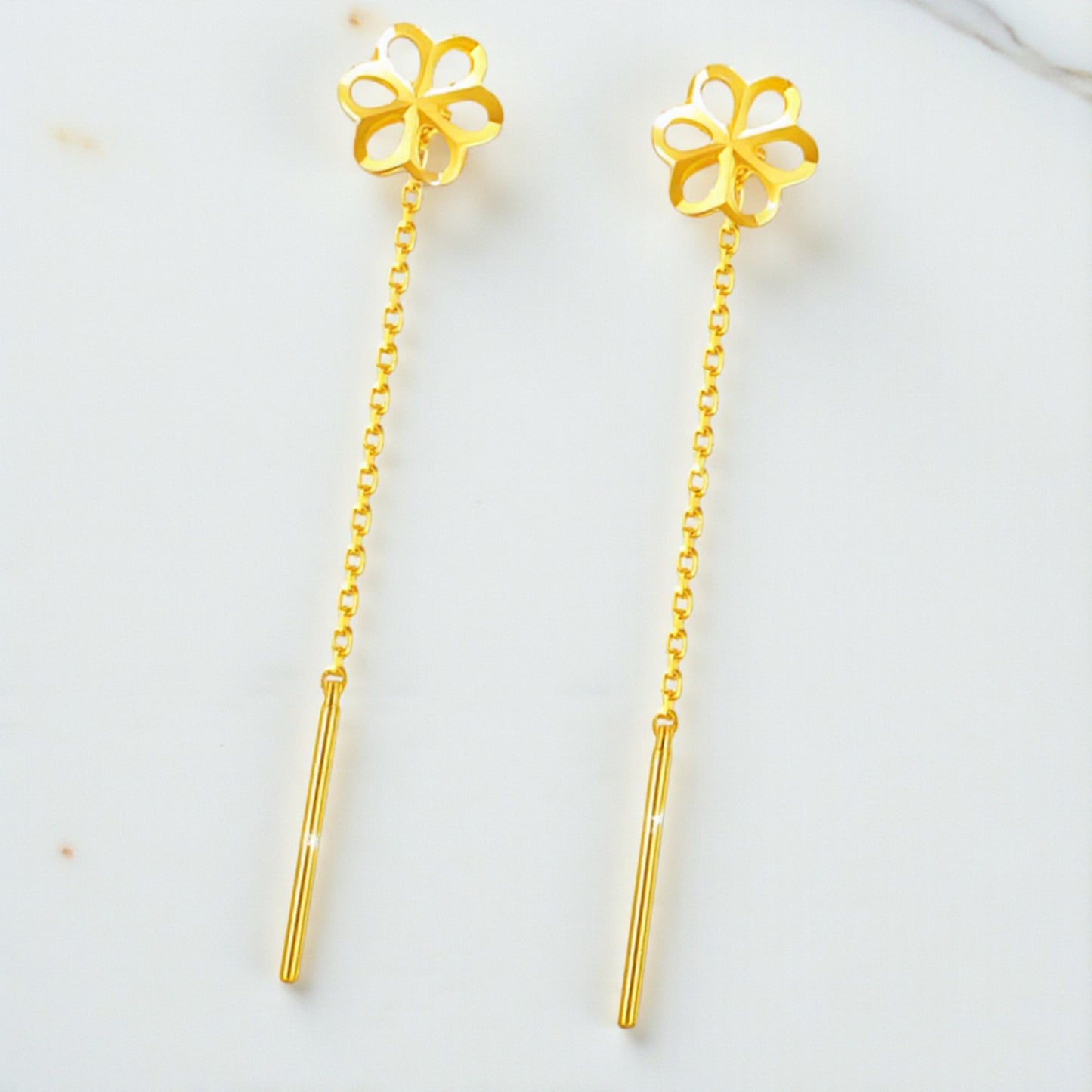 24K Authentic Pure 5G Gold Trendy Threader Chain Hollow Flower Charm Earrings
