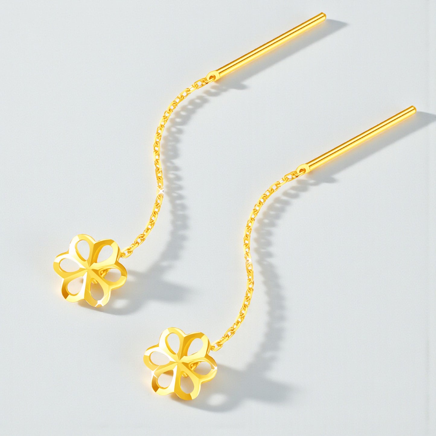 24K Authentic Pure 5G Gold Trendy Threader Chain Hollow Flower Charm Earrings