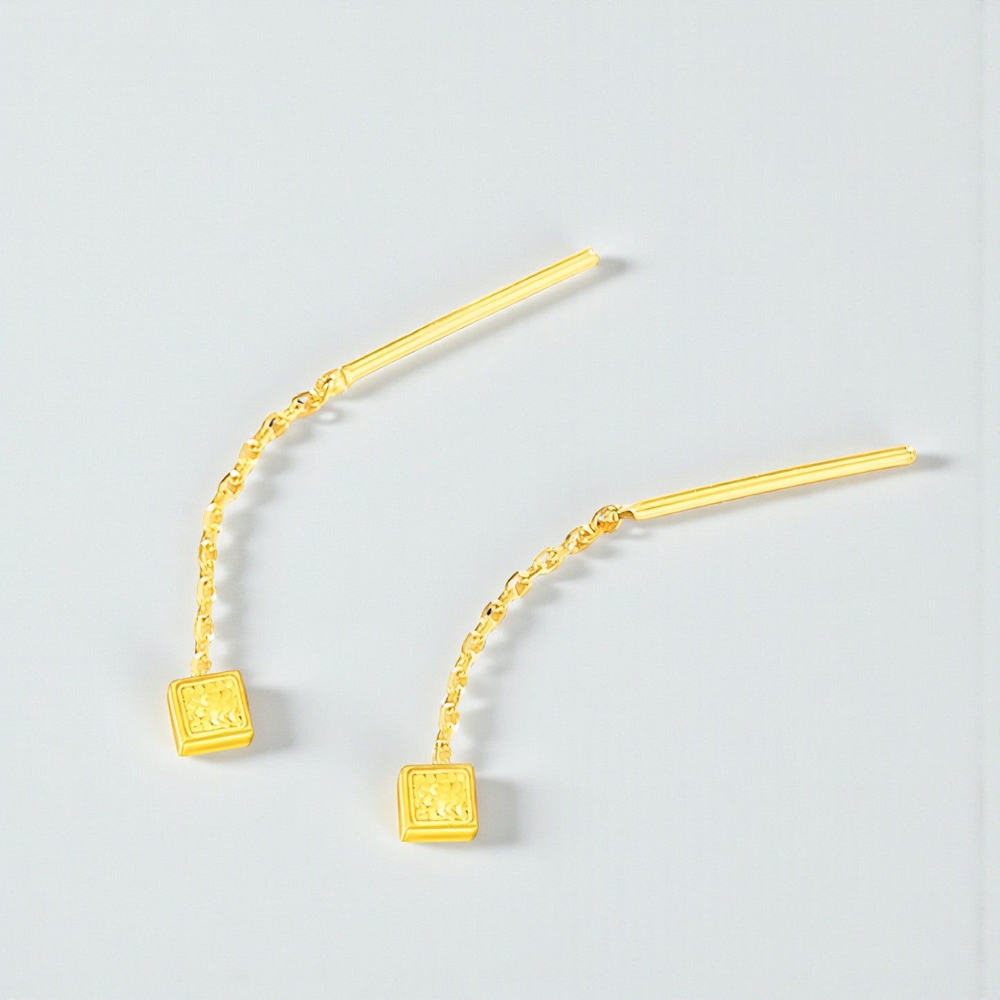 24K Gold Trendy Threader Chain Sqaure Charm Earrings