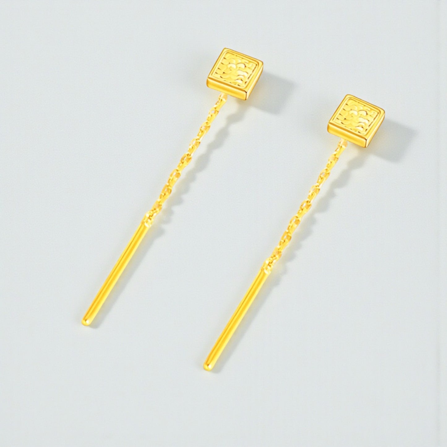 24K Gold Trendy Threader Chain Sqaure Charm Earrings