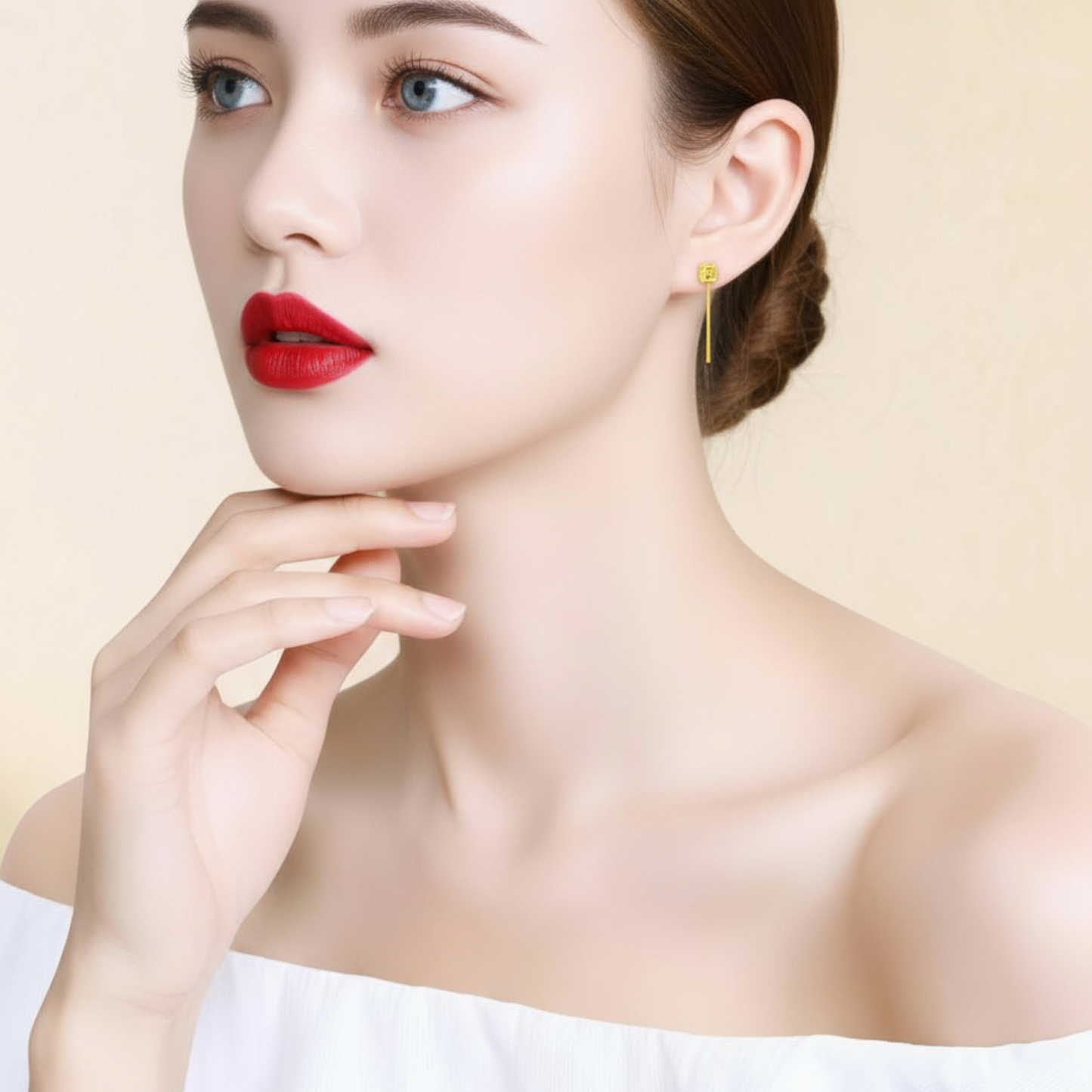 24K Gold Trendy Threader Chain Sqaure Charm Earrings